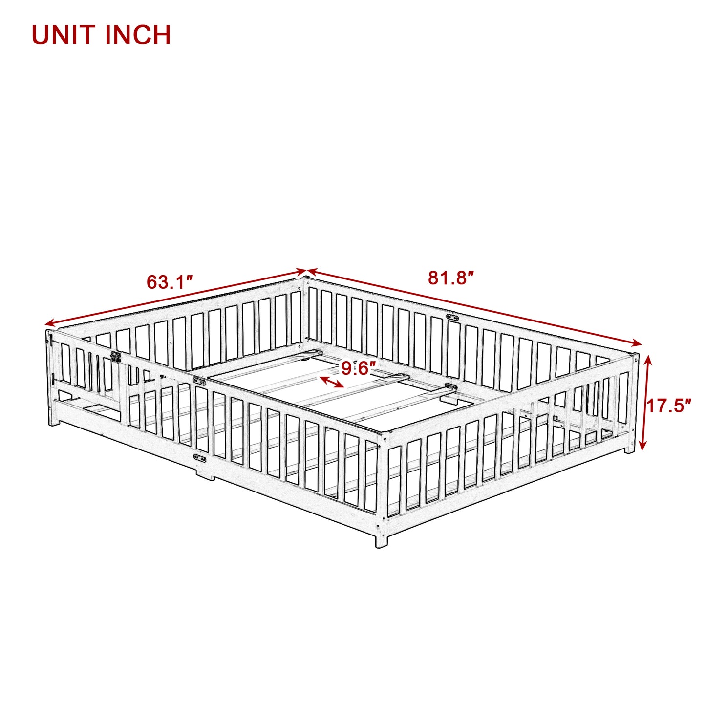 Queen Size Floor Bed with Fence,Door,Rubber Wood Floor Bed with Safety Guardrails,White image 9
