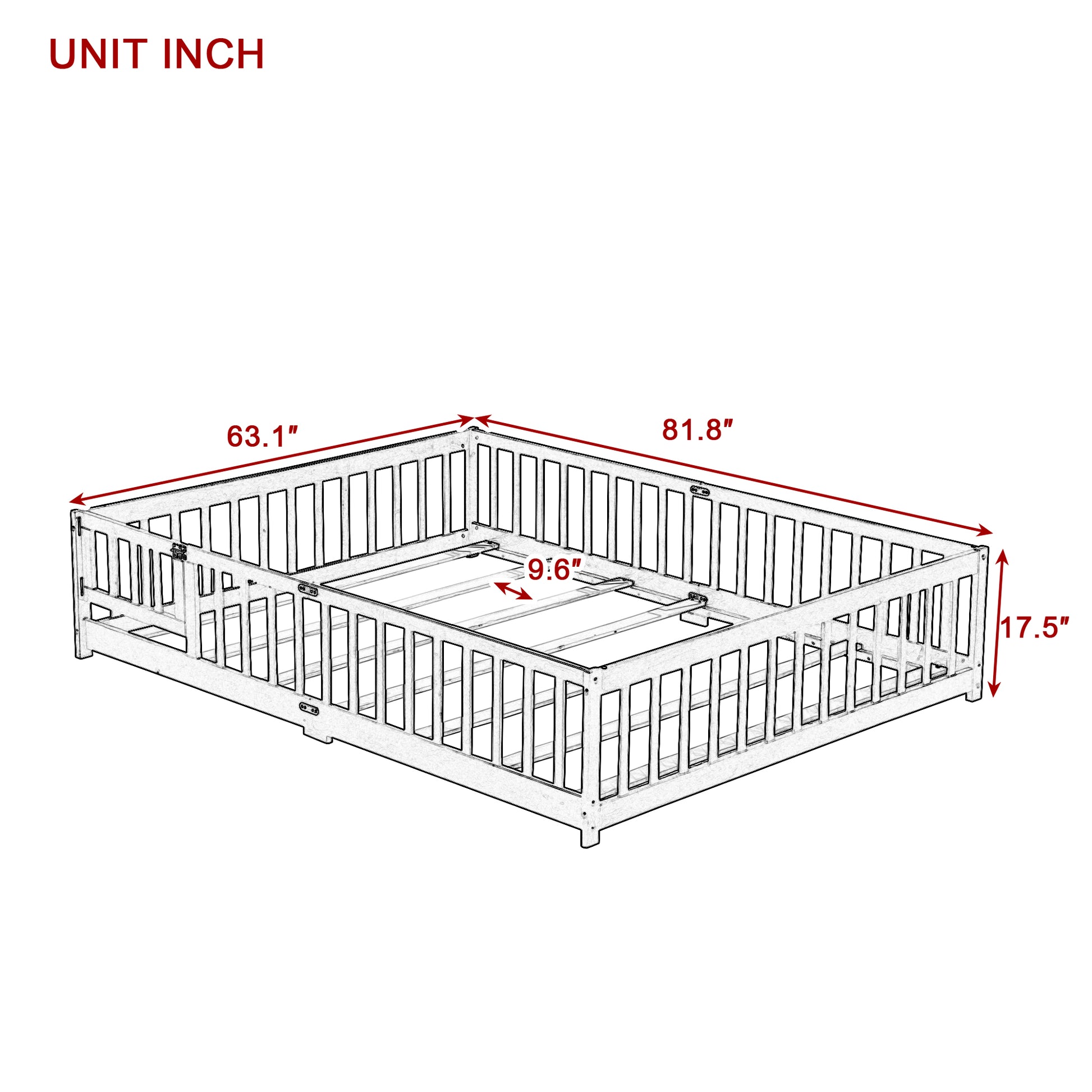 Queen Size Floor Bed with Fence,Door,Rubber Wood Floor Bed with Safety Guardrails,White image 9