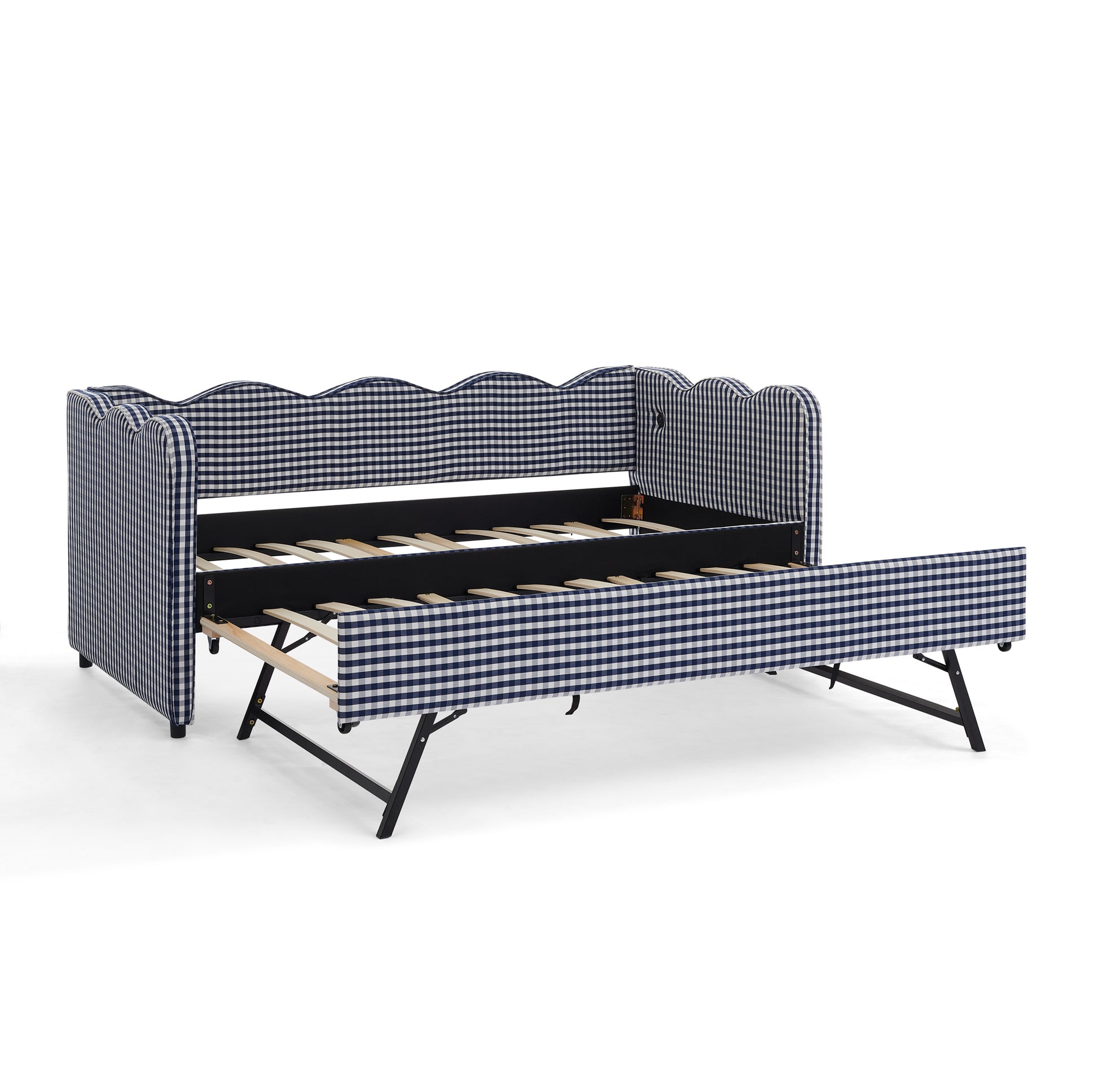 Cozy Gingham Daybed with Trundle Twin Size Sofa Bed No Box Spring Needed, with USB Port and Adorable Wave Shaped, Linen Fabric, Navy image 12