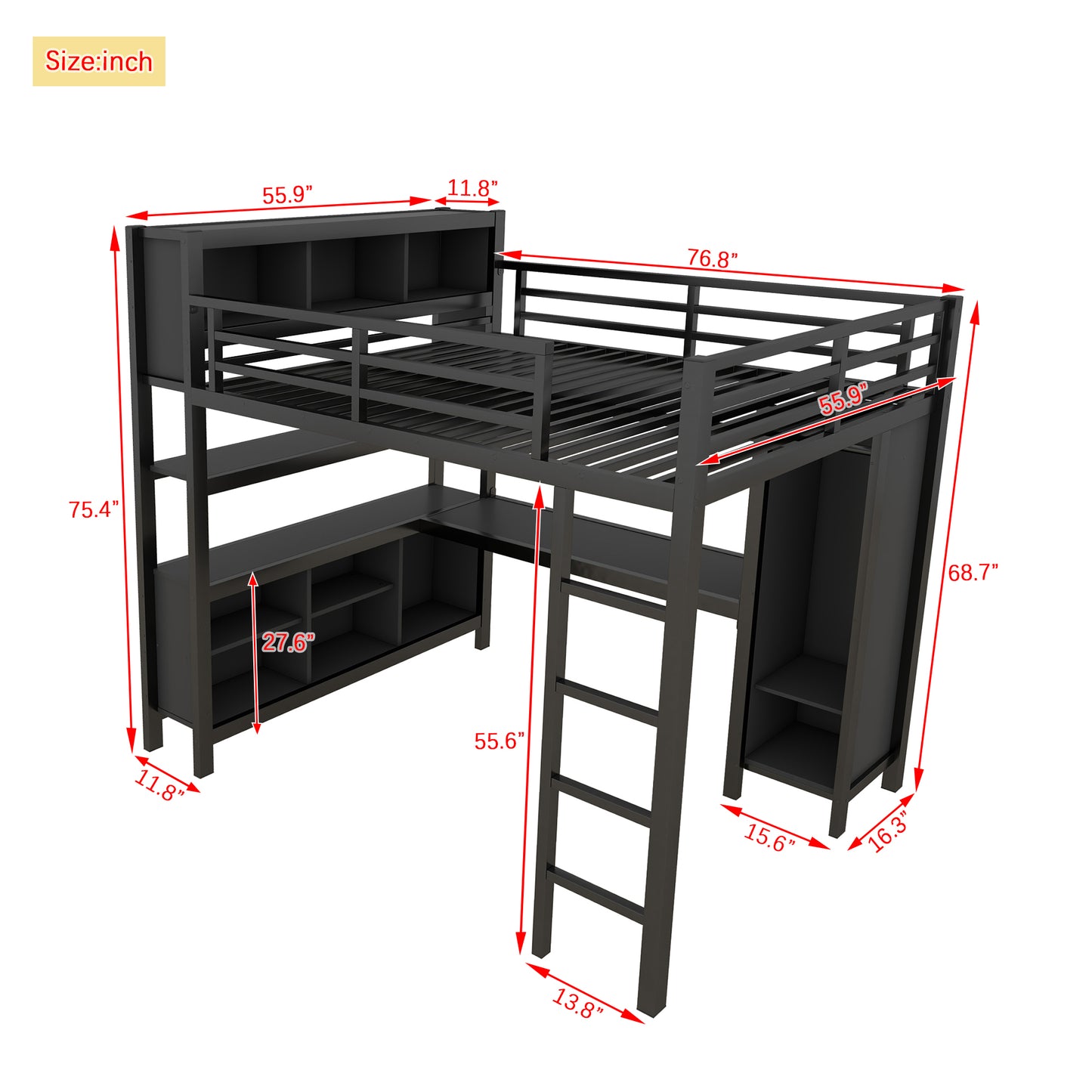 Metal Loft Bed with Wardrobe And L-shaped Desk, Full Size Loft Bed with Storage Cubes and Shelves, Heavy Duty Loft Bed for Kids Teens Adults, Black image 4