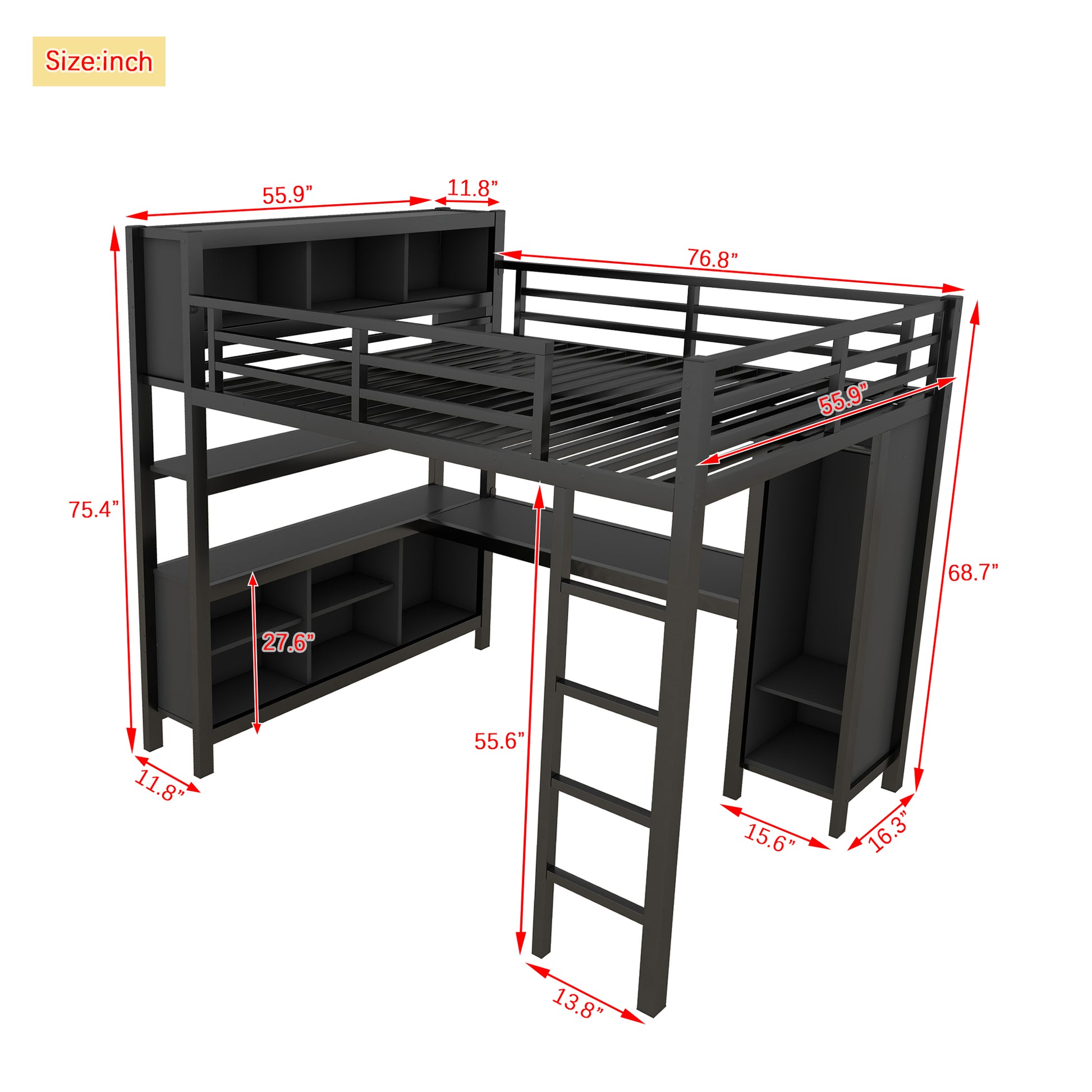 Metal Loft Bed with Wardrobe And L-shaped Desk, Full Size Loft Bed with Storage Cubes and Shelves, Heavy Duty Loft Bed for Kids Teens Adults, Black image 4