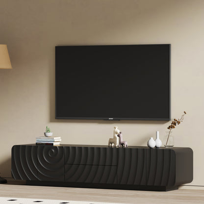 70''Tv Console With Modern Unique Spiral Wave Design With Storage Cabinet And 2 Drawers Tv Stand For Living Room, Bedroom, Black image 3