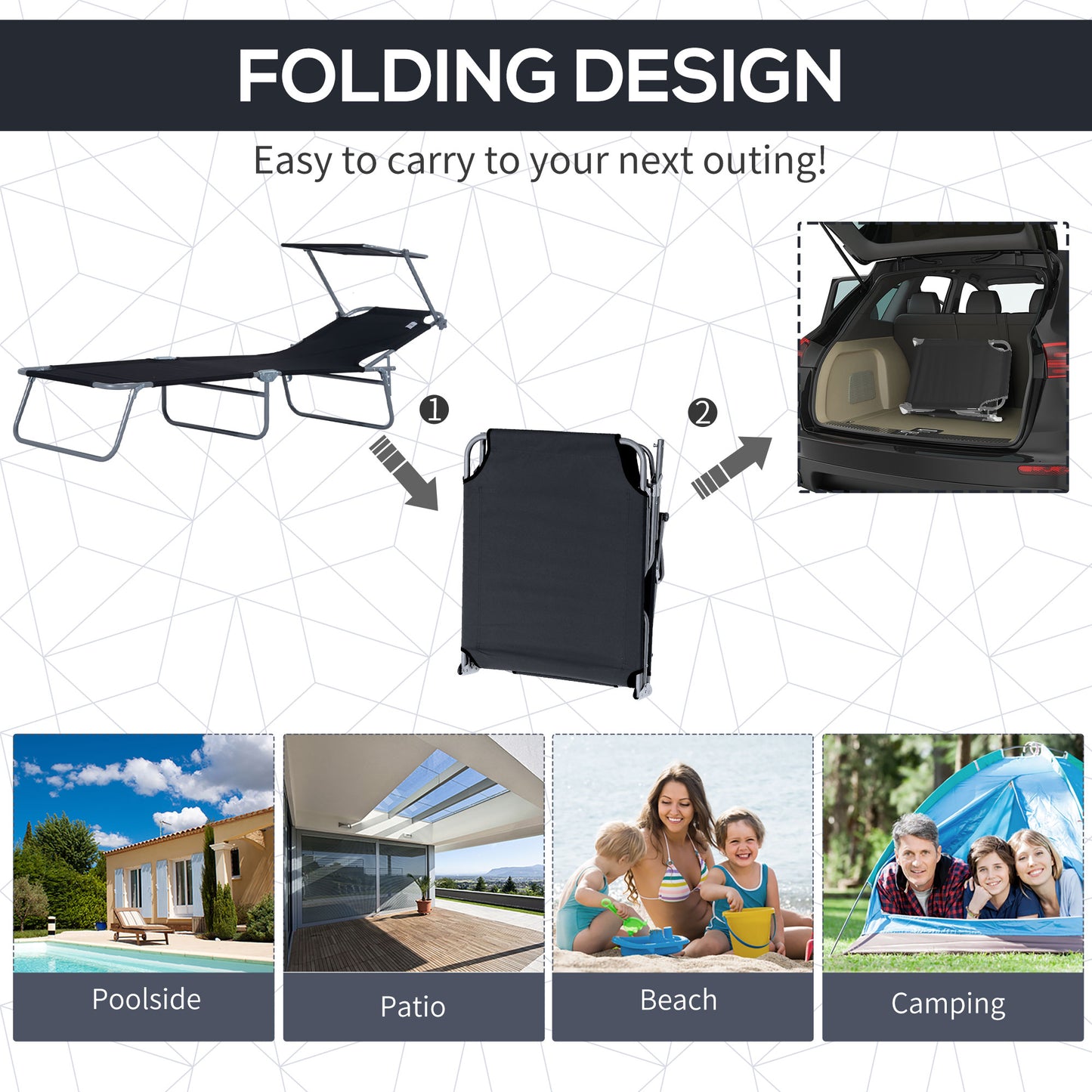 Outsunny Outdoor Lounge Chair, Adjustable Folding Chaise Lounge, Tanning Chair with Sun Shade for Beach, Camping, Hiking, Backyard, Black image 5