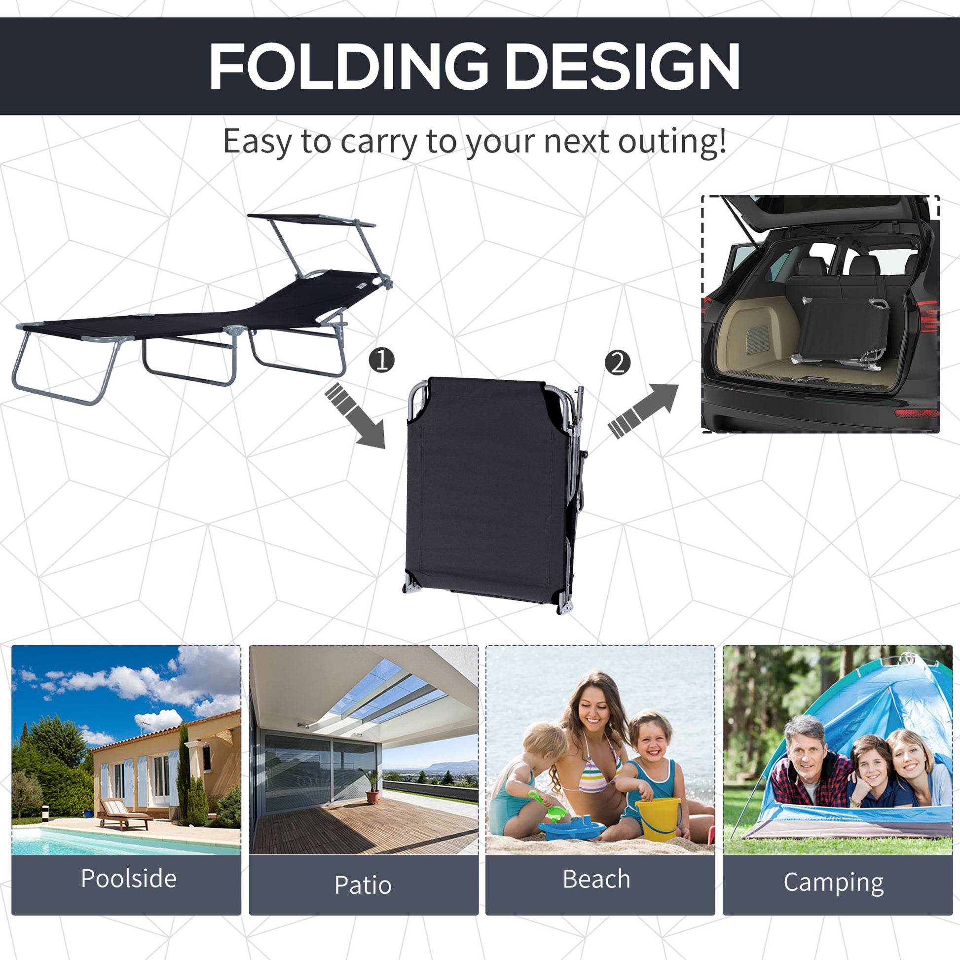 Outsunny Outdoor Lounge Chair, Adjustable Folding Chaise Lounge, Tanning Chair with Sun Shade for Beach, Camping, Hiking, Backyard, Black image 5
