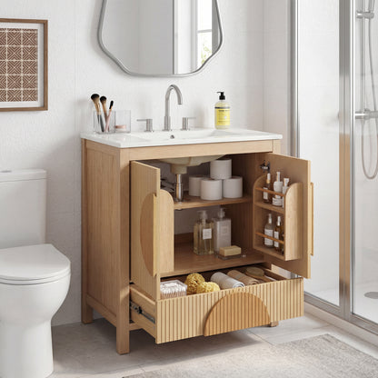 30 Inch Fluted Bathroom Vanity with Sink - Freestanding Modern Wood Cabinet with Soft-Close Doors, 1 Drawer & Open Storage, Decorative Circular Accent, Solid Wood & MDF Build, image 1