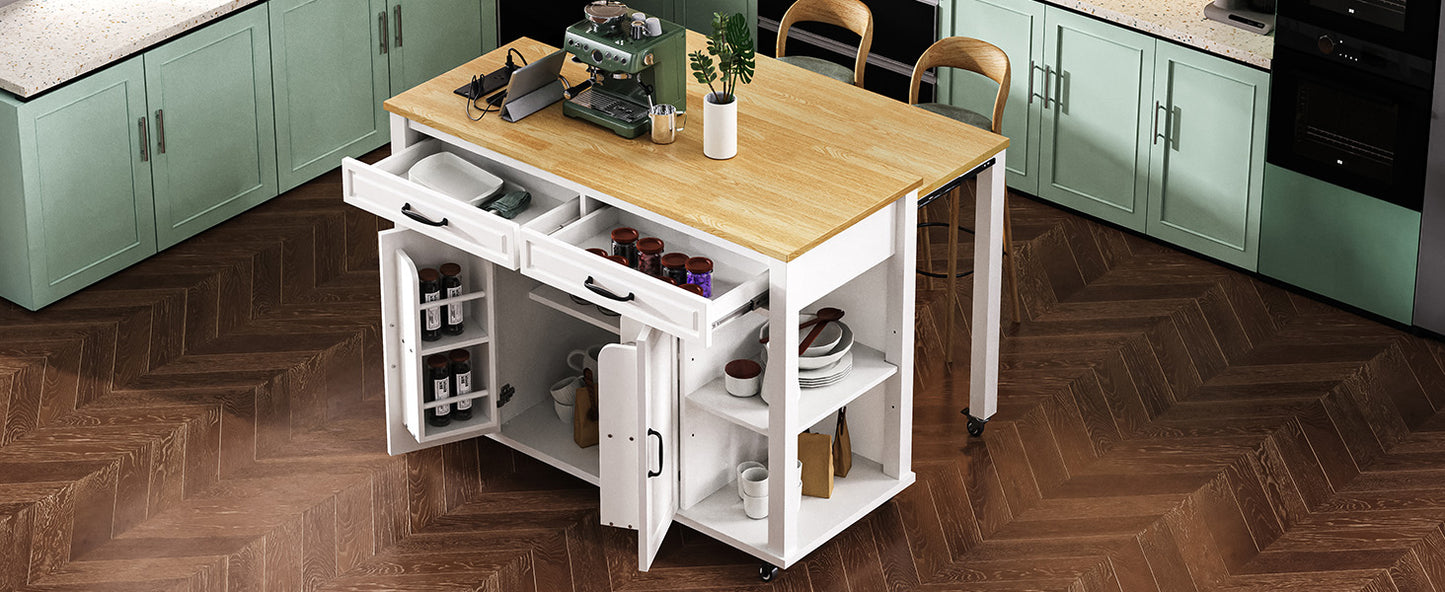 K&K 47 inch Kitchen Island with Extendable Dining Table, Rubber Wood Veneer Kitchen Table with Internal Storage Rack, Power Outlet, Kitchen island with Storage 2 Drawers 2 Cabinet,White image 4