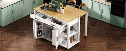 K&K 47 inch Kitchen Island with Extendable Dining Table, Rubber Wood Veneer Kitchen Table with Internal Storage Rack, Power Outlet, Kitchen island with Storage 2 Drawers 2 Cabinet,White image 4