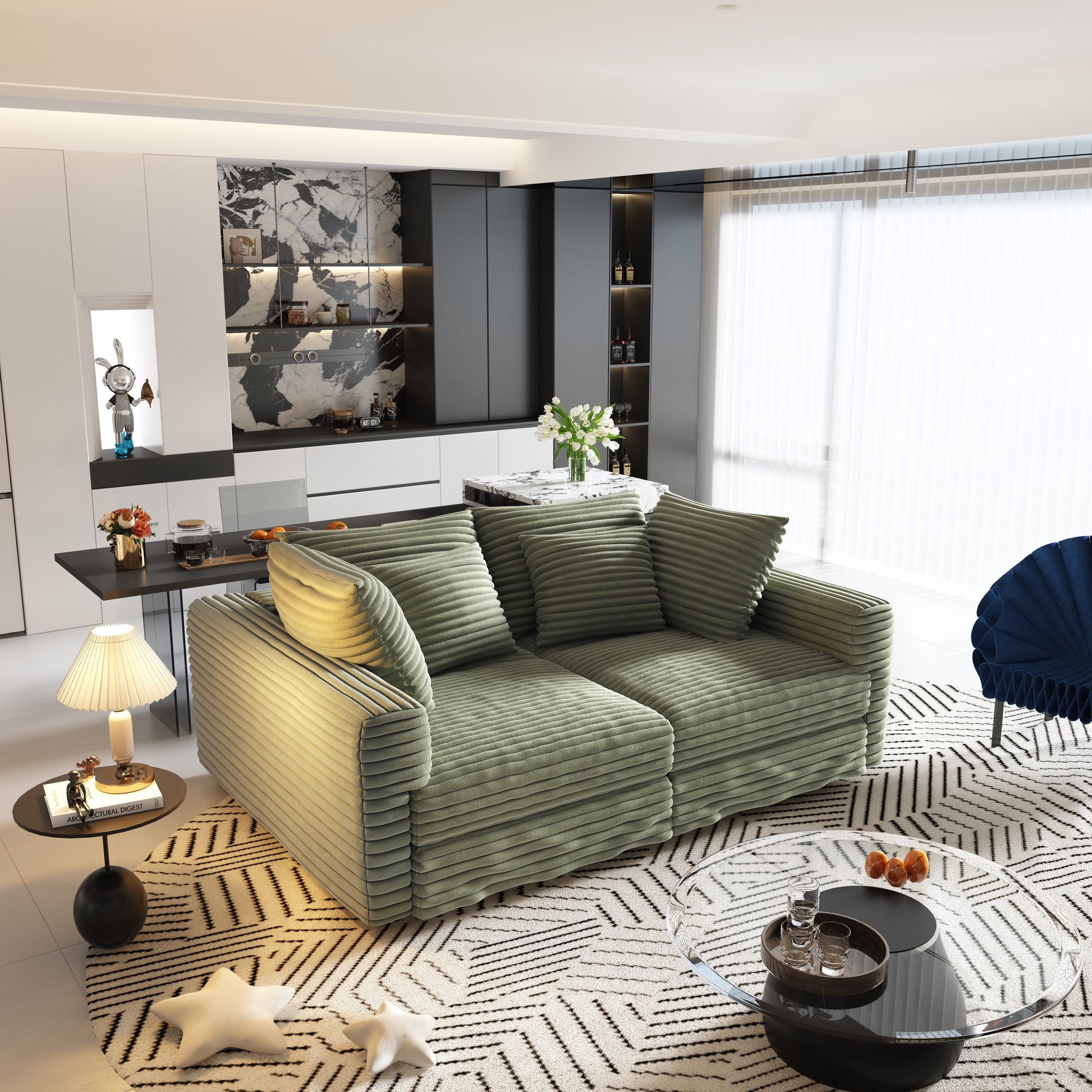 102.4 " Plush Corduroy 4-Seat Sofa,Modern Comfy Upholstered Sofa Cloud Couch,Deep Seat Couches with Soft Pillows,Convertible Deep Seat Sofa Lounge Chair for Apartment,Office,Green(Old Sku:W1885P346910 image 3