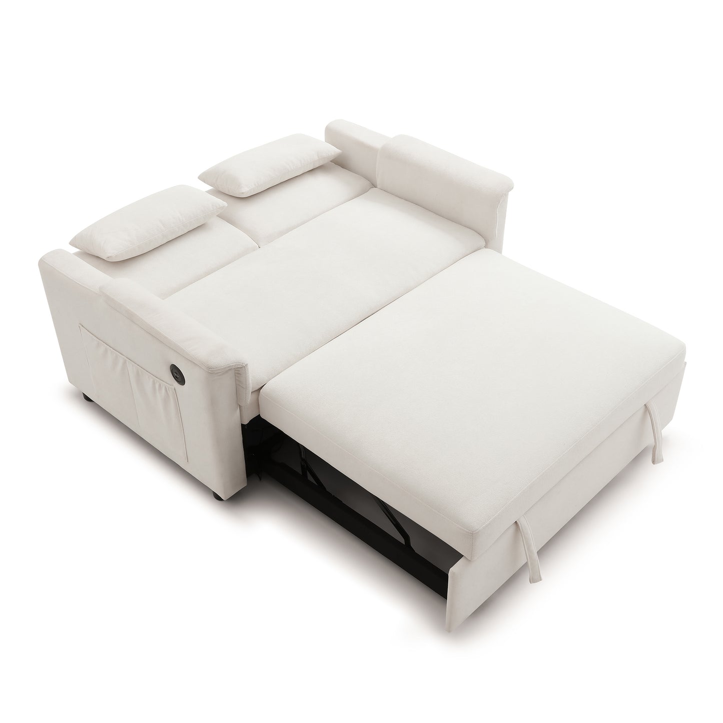 55" Velvet Two Seater Pull Out Sofa Bed, Adjustable Backrest With USB Ports, Two Side Pockets, 3 in 1 Convertible Sleeper Sofa Bed, Modern Love Seat Lounge,2 waist pillows for living rooms,BEIGE image 4