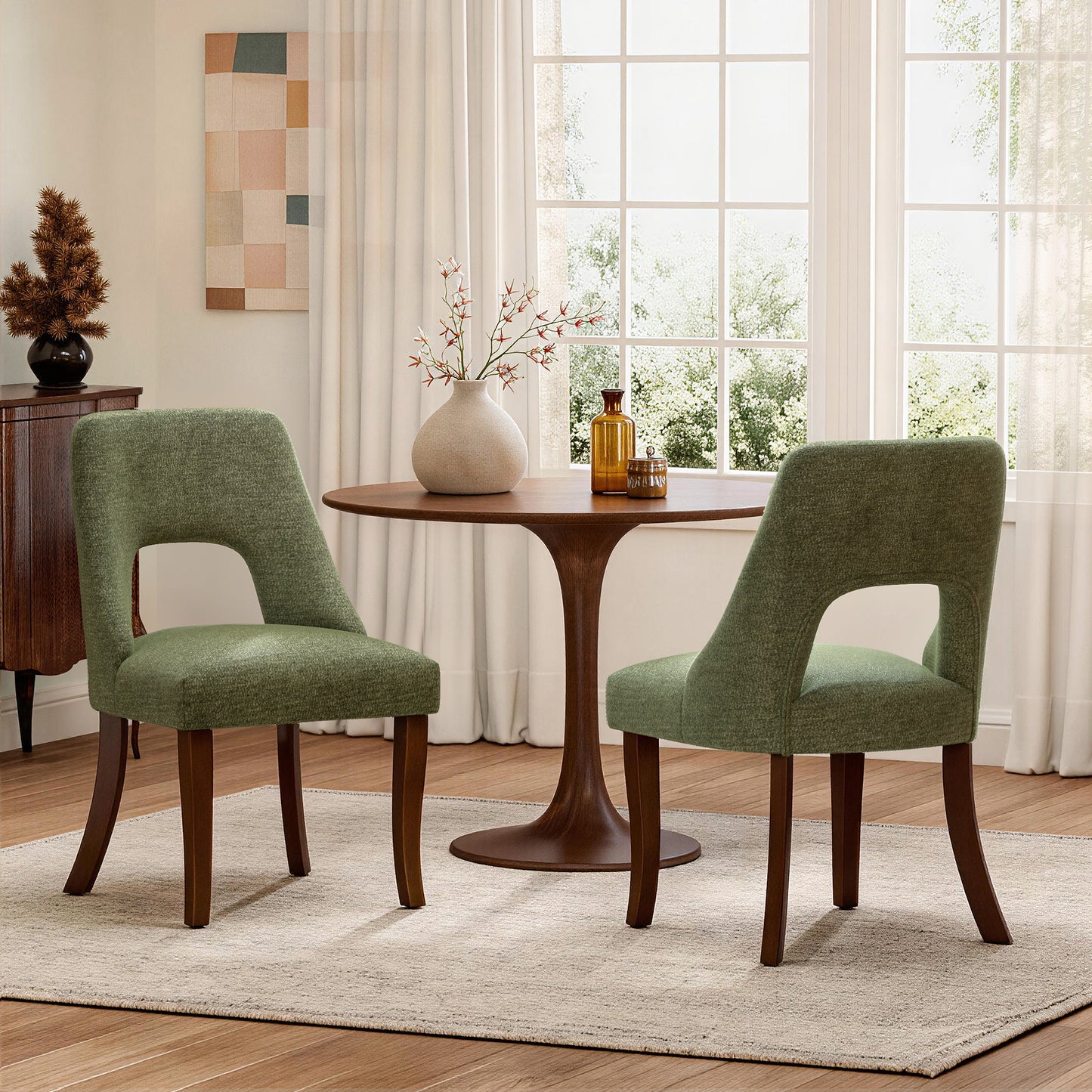Dining Chair Set of 2,Upholstered Chenille Fabric Dining Chair Curved Solid Wood Legs, Elegant Tufted Club Dining Room Kitchen Room Dining Chair,Green image 1
