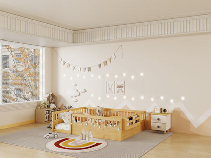 Full Montessori Floor Bed Frame with High Rails, Wood Kids Floor Beds with Light and Storage Shelf, Natural (Expect Arrival Date 2025/8/15) image 8