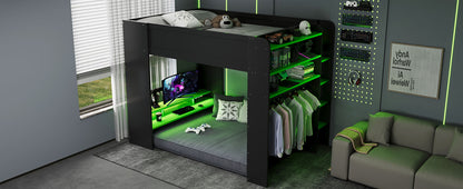 Full Size Wood Bunk Bed with height-adjustable Desk,Wardrobe,Ample Storage Space,and RGB Light, Green(OLD SKU:LT000266AAG) image 5