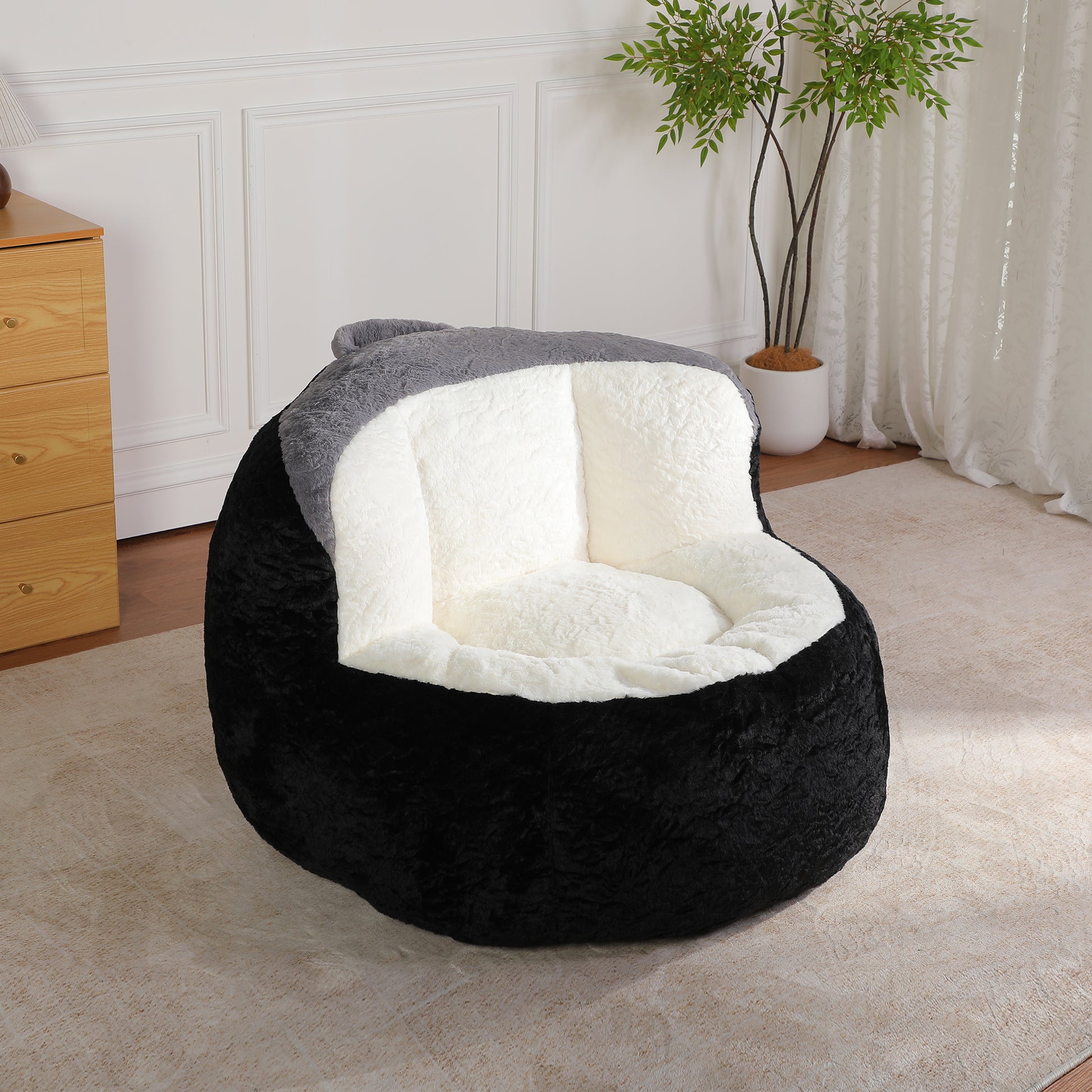 Oversized Bean Bag Chairs,Multicolor Faux Fur Couch Filled with Shredded Sponge,Large Lounger Sofa For Living Room,No Assembly Required, Black+White+Grey image 3