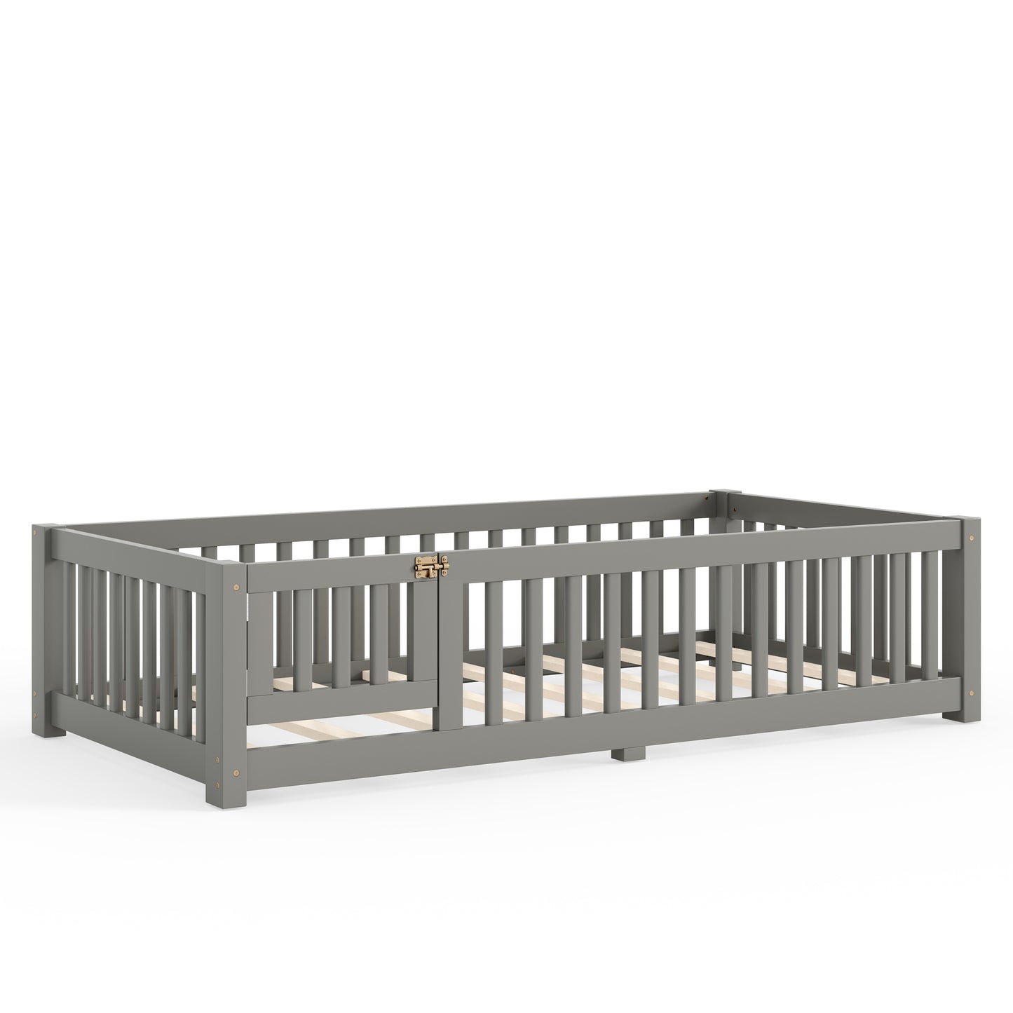 Twin Size Bed Floor Bed with Safety Guardrails and Door for Kids, Gray image 7