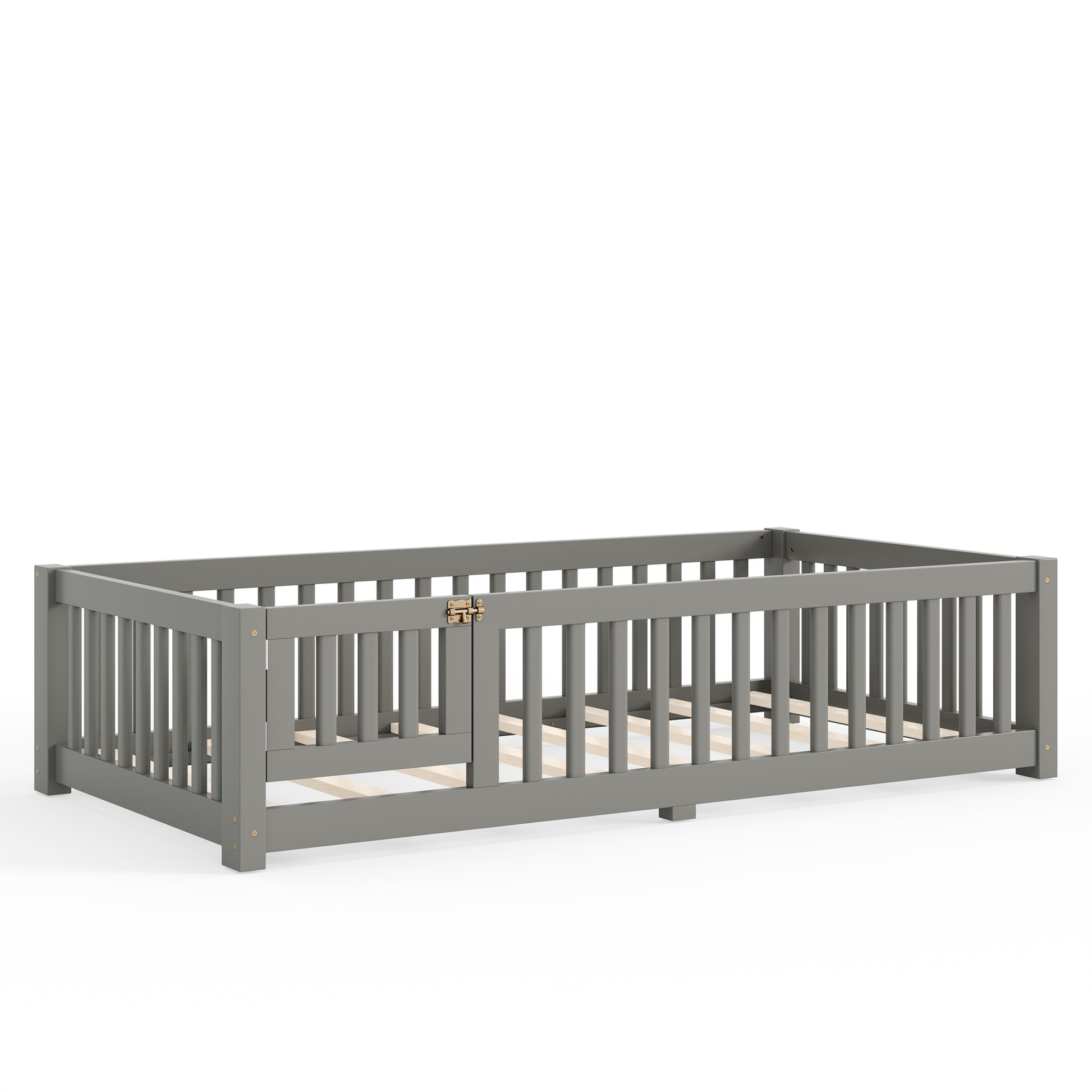 Twin Size Bed Floor Bed with Safety Guardrails and Door for Kids, Gray image 7