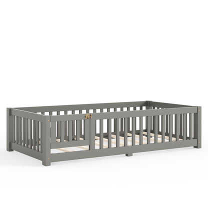 Twin Size Bed Floor Bed with Safety Guardrails and Door for Kids, Gray image 7
