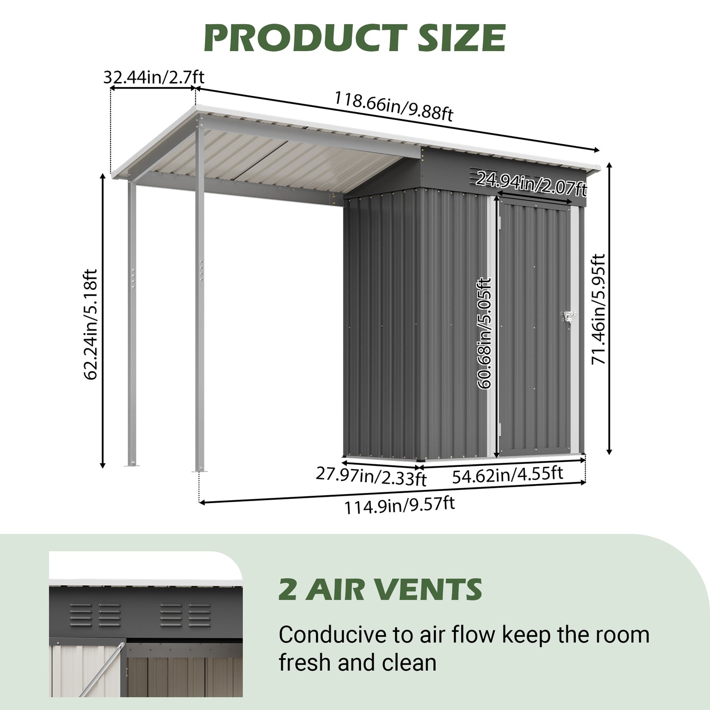 Durable 5x3FT Galvanized Steel Shed & Gazebo Combo, Easy Assembly Lean-To Storage with Open Pergola, All-Weather 2-in-1 Garden Shed for Tool Storage, Patio, Backyard image 2