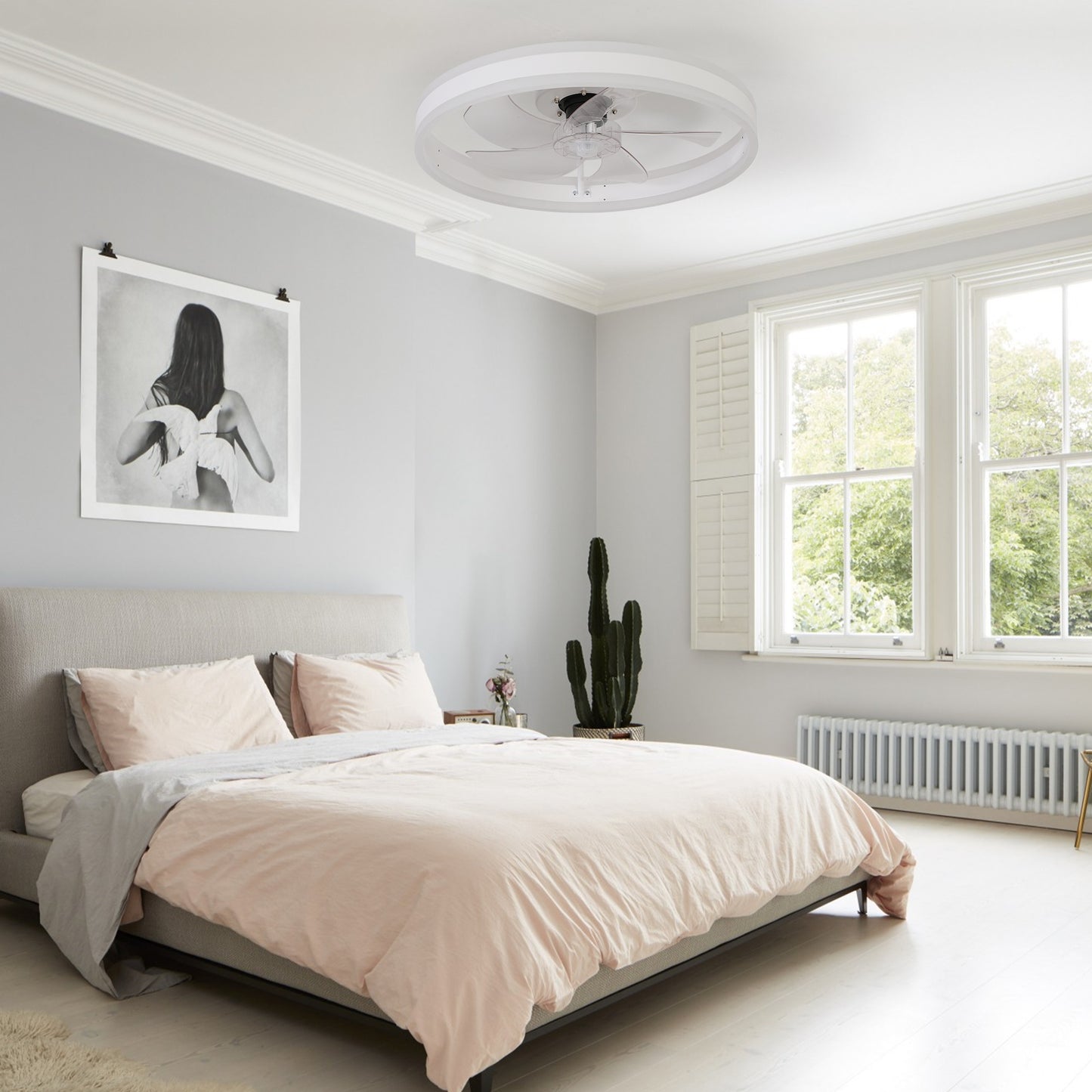 20" Flush Mount Ceiling Fans with Lights and Remote, 3000K-6000K Dimmable LED Fandelier Low Profile Chandelier Ceiling Fan for Bedroom Living Room, White image 2