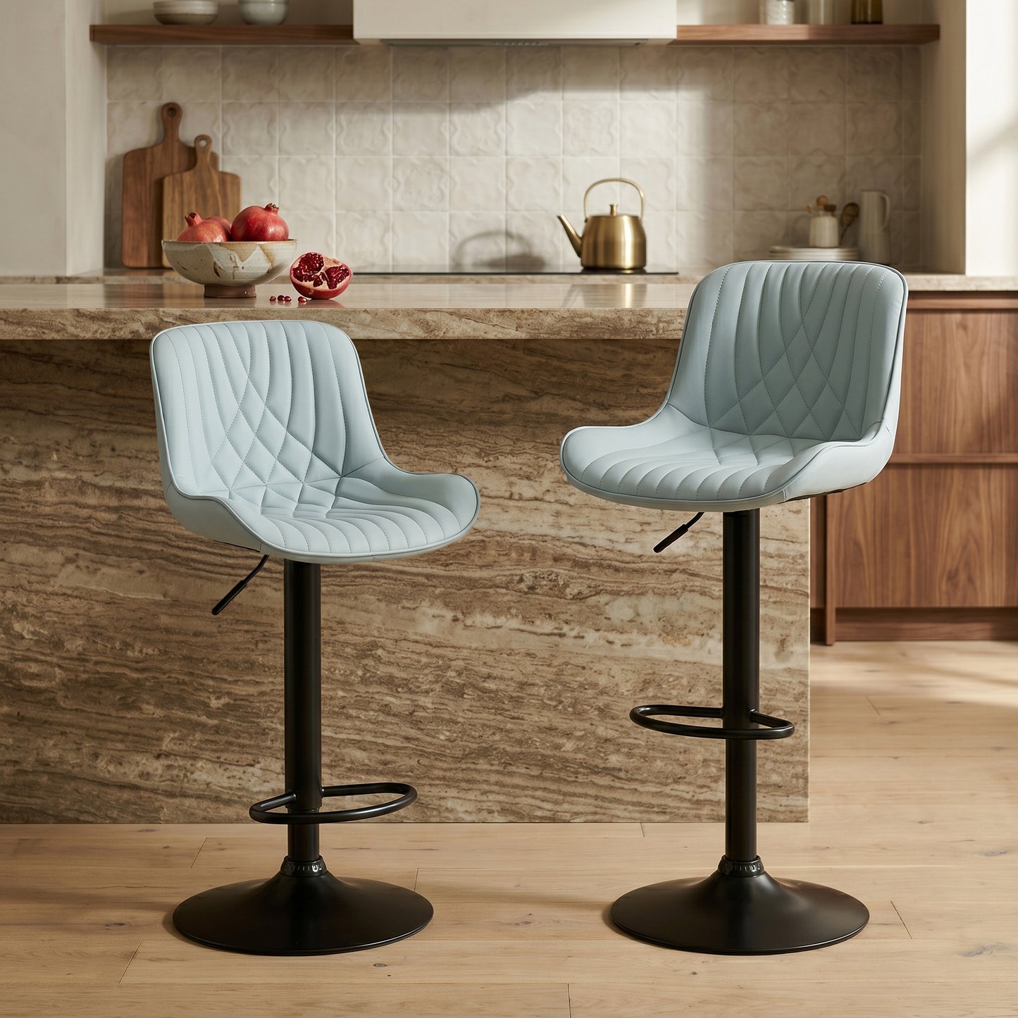 Kovyn Contemporary Adjustable Barstool with Faux Leather Swivel Seats, Set of 2, Blue image 2