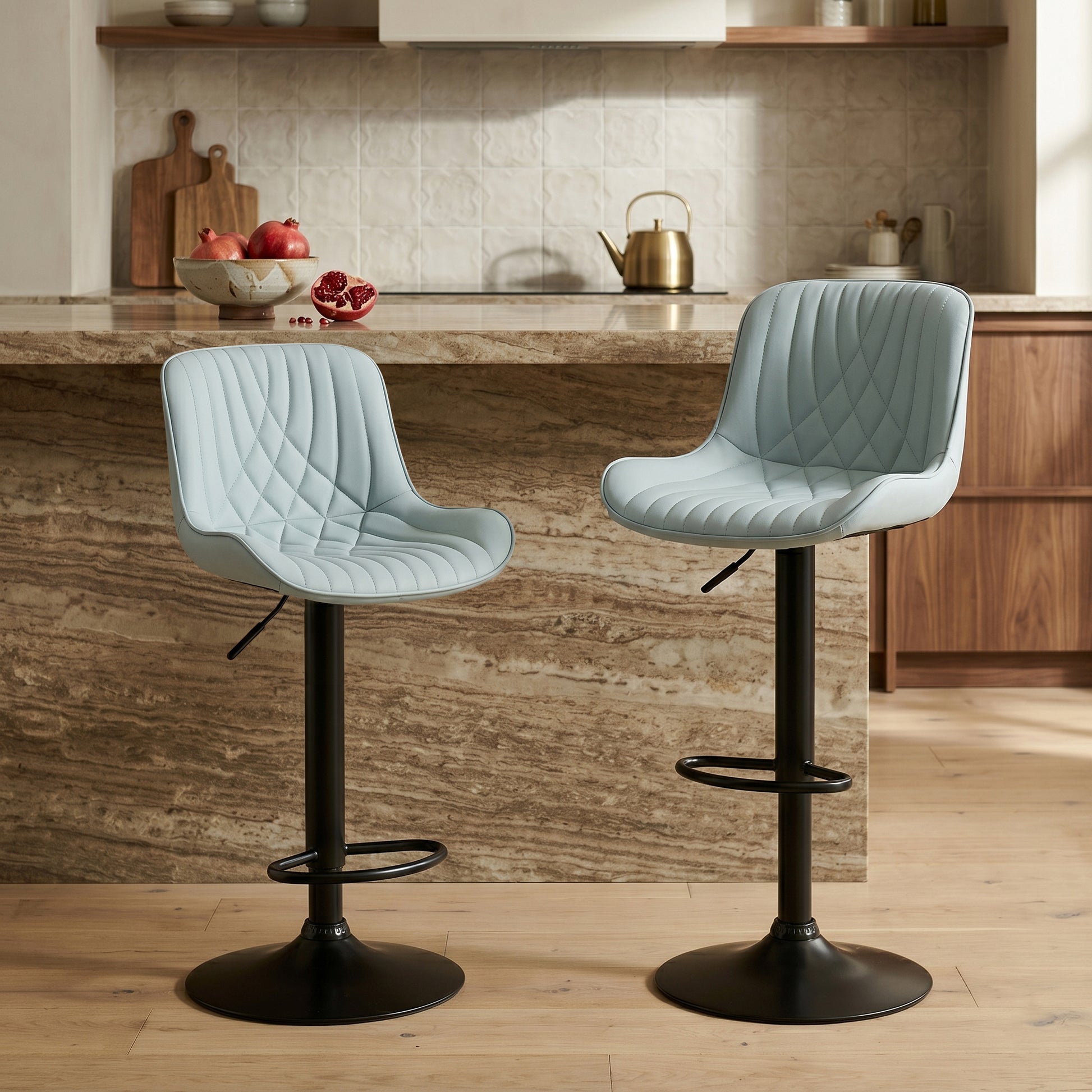 Kovyn Contemporary Adjustable Barstool with Faux Leather Swivel Seats, Set of 2, Blue image 2