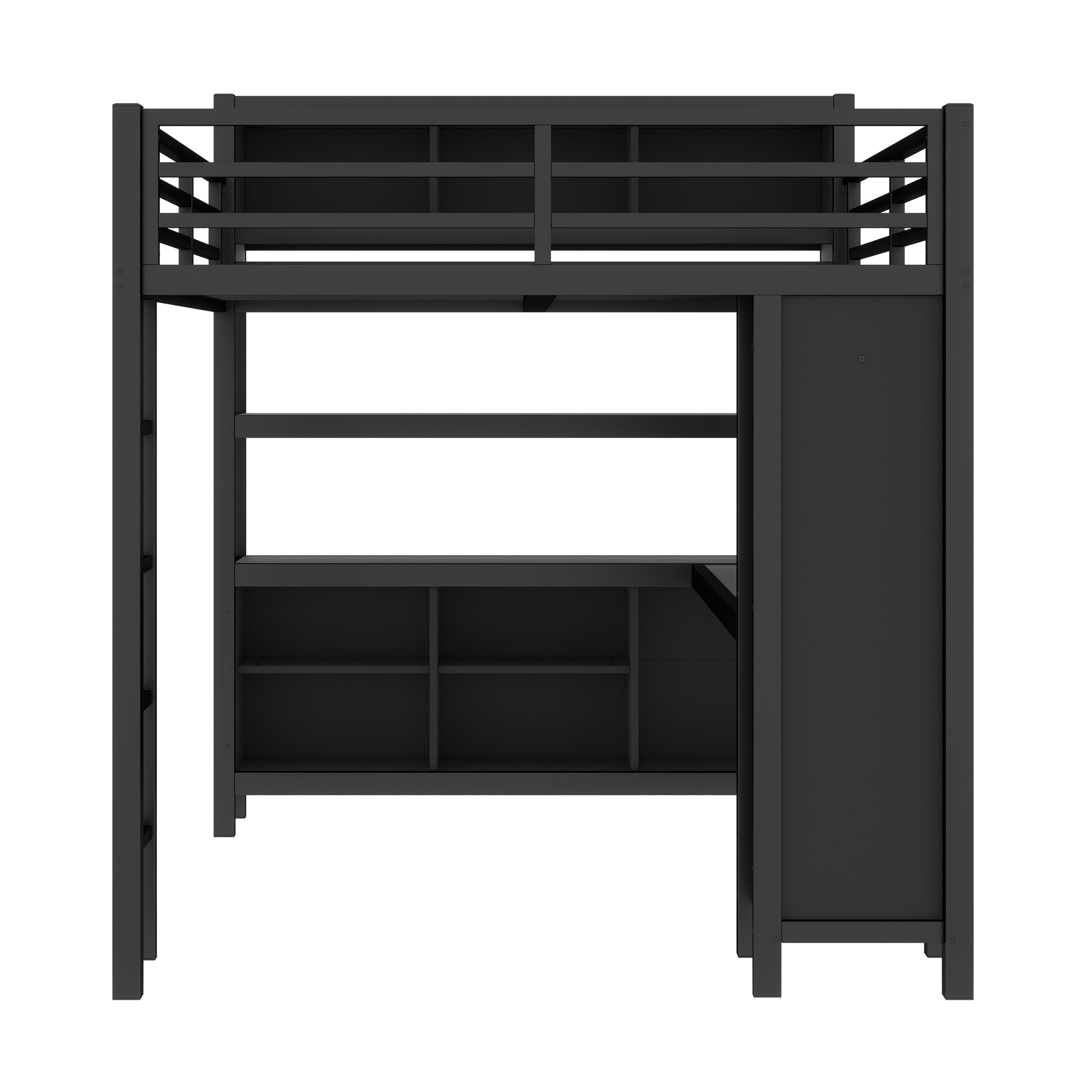 Metal Loft Bed with Wardrobe And L-shaped Desk, Queen Size Loft Bed with Storage Cubes and Shelves, Heavy Duty Loft Bed for Kids Teens Adults, Black image 12