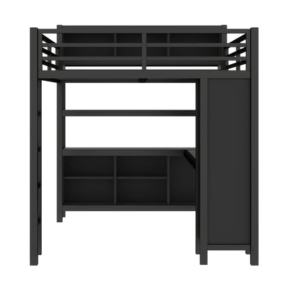 Metal Loft Bed with Wardrobe And L-shaped Desk, Queen Size Loft Bed with Storage Cubes and Shelves, Heavy Duty Loft Bed for Kids Teens Adults, Black image 12