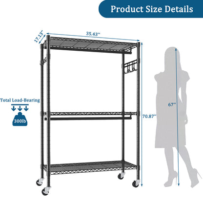 Rolling Clothes Rack, Heavy Duty Clothes Rack with Wheels, 3 Tiers Adjustable Wire Shelving Clothes Rack with 2 Clothes Rails and Side Hooks, Portable Closet Organizer, 35.43''×17.13D''×70.87''H,Black image 9