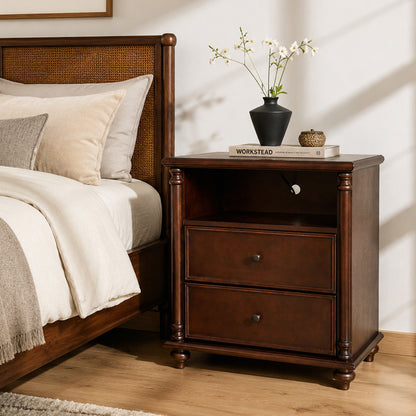 28"Nightstand with Charging Station, Rustic Brown Nightstand, 2 Drawers End Table, Bedside Table Walnut for bedroom image 2