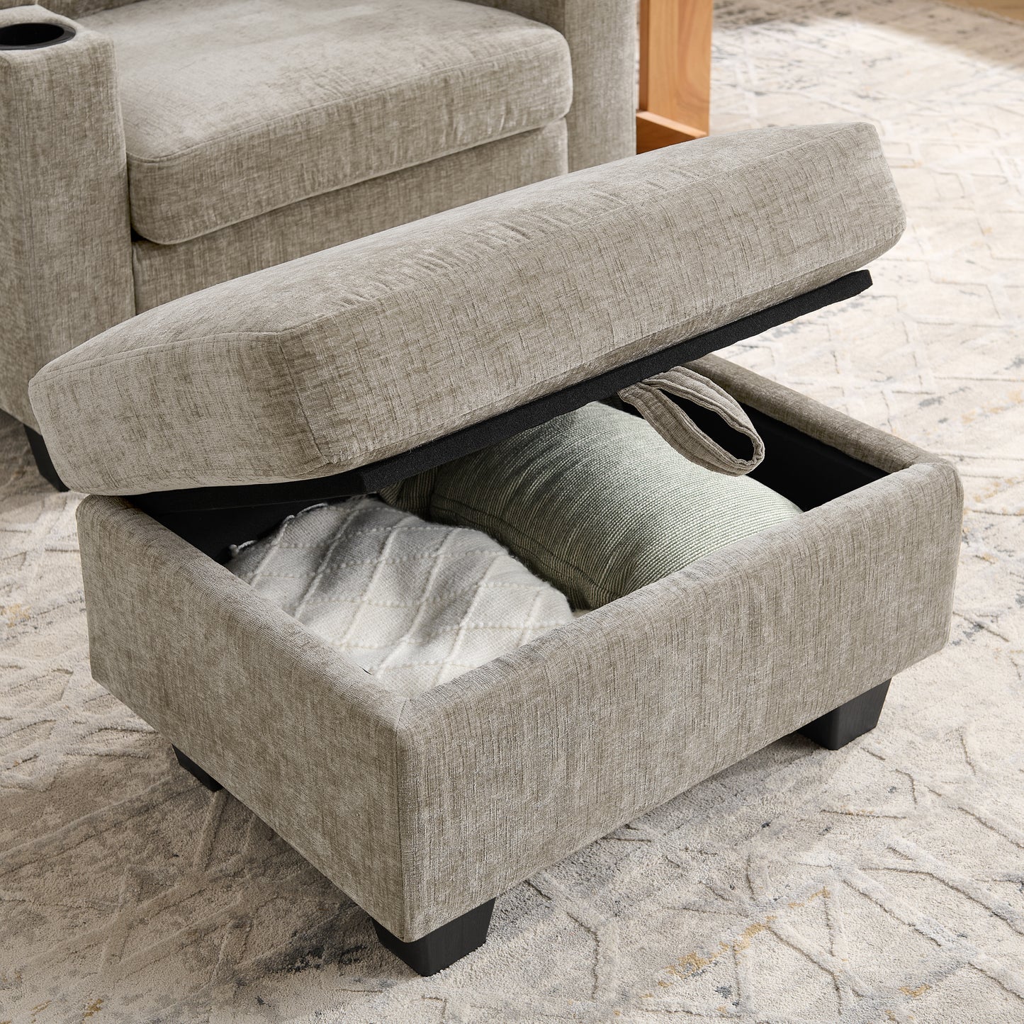 Single sofa recliner with manually adjustable backrest, USB charging port on the armrest side, phone stand included, hidden armrest storage, and a matching storage ottoman-Brown image 9