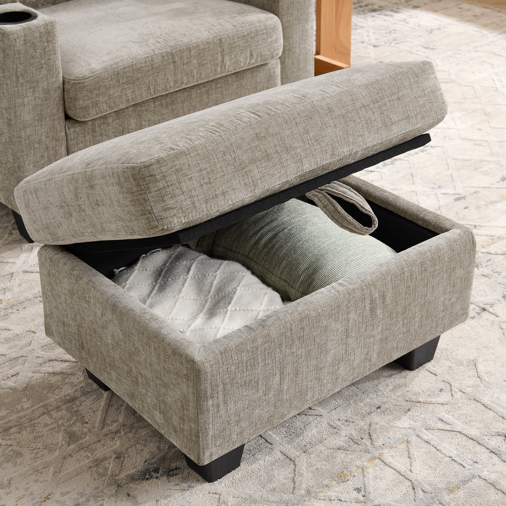 Single sofa recliner with manually adjustable backrest, USB charging port on the armrest side, phone stand included, hidden armrest storage, and a matching storage ottoman-Brown image 9