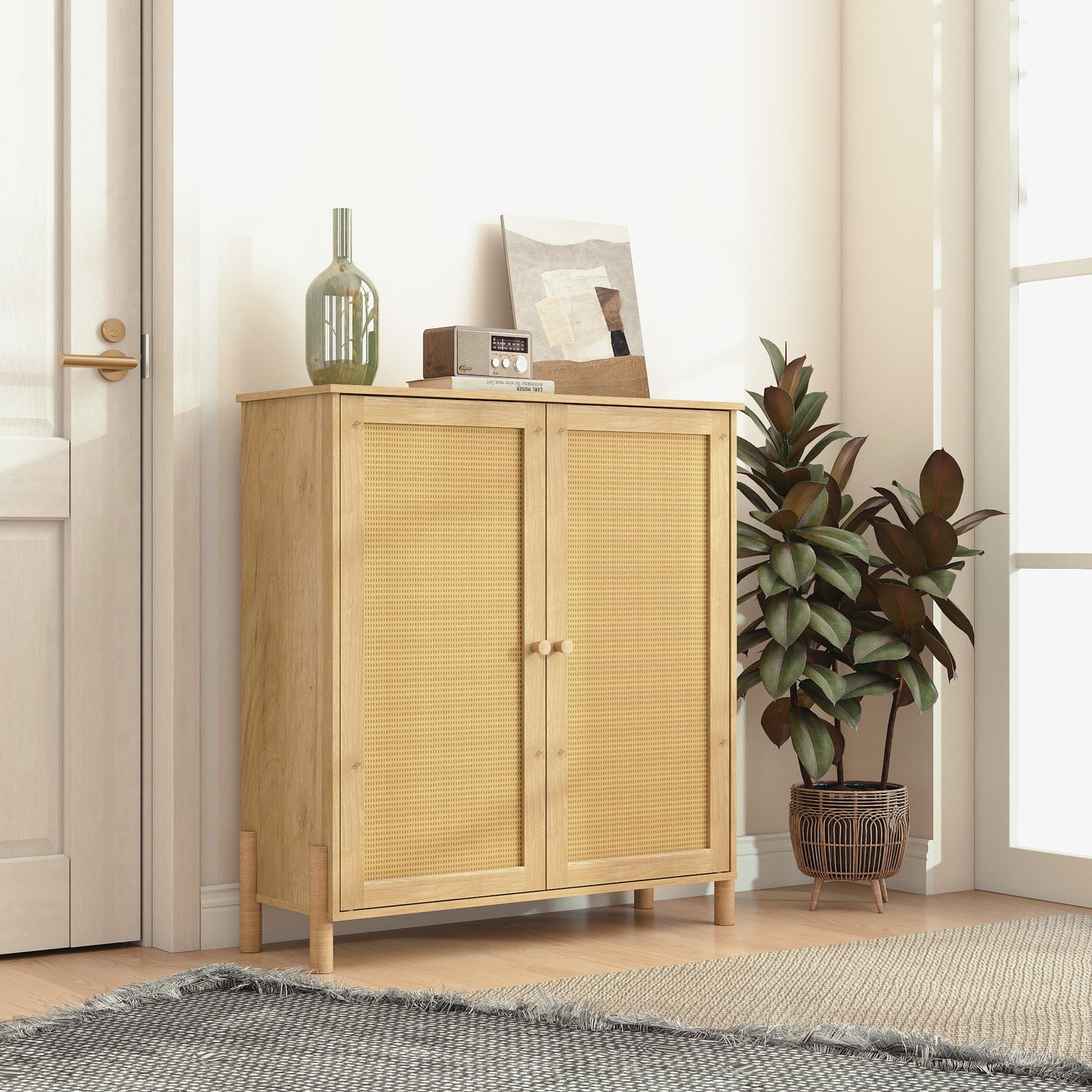 Mid-Century Modern Storage Cabinet with Woven Rattan Doors & Adjustable Shelves - Perfect for Living Room & Dining Room image 3