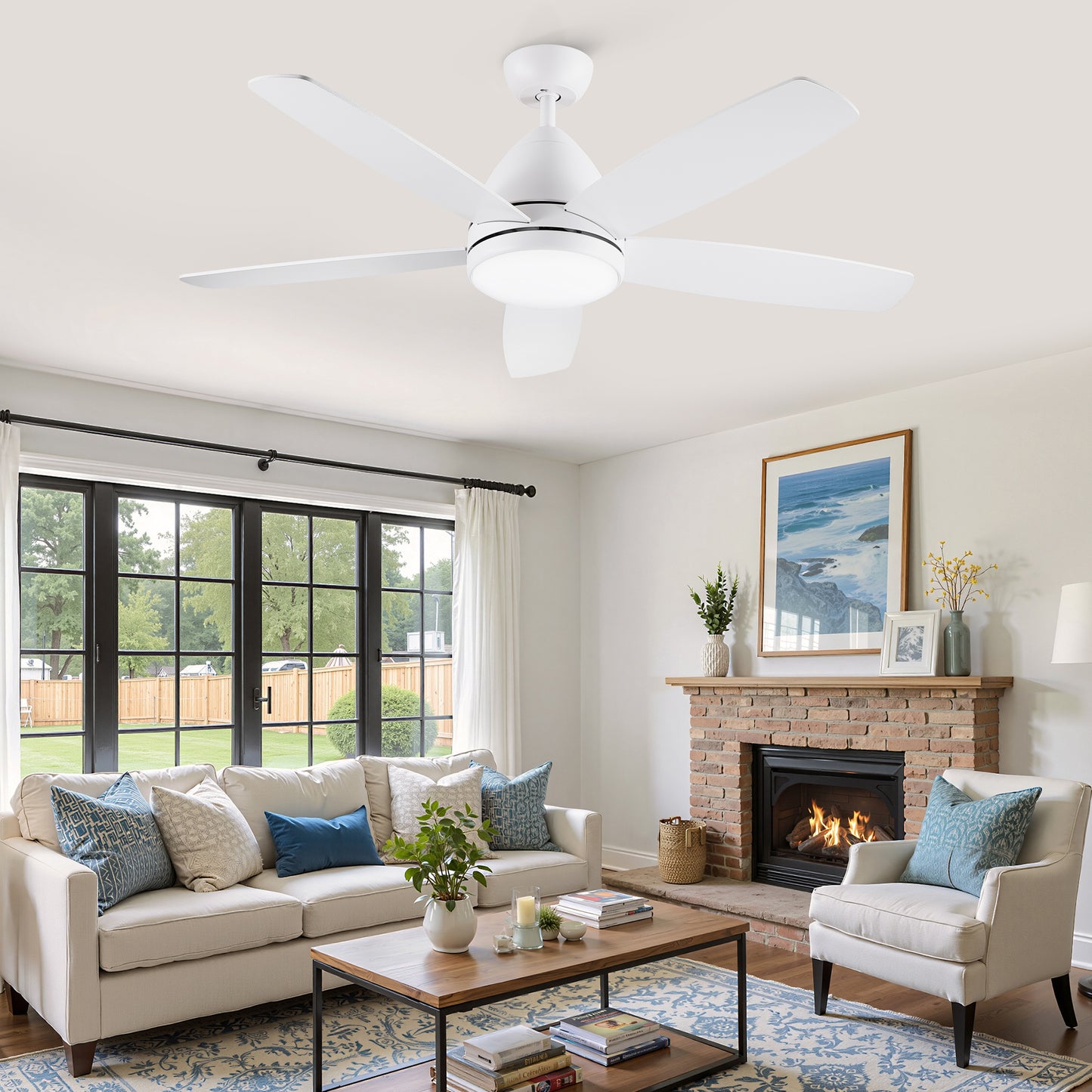 52 in. Indoor White Ceiling Fan with Intergrated LED Light Kit, Remote Control, 5 Plywood Blades and Work with Smart APP image 2