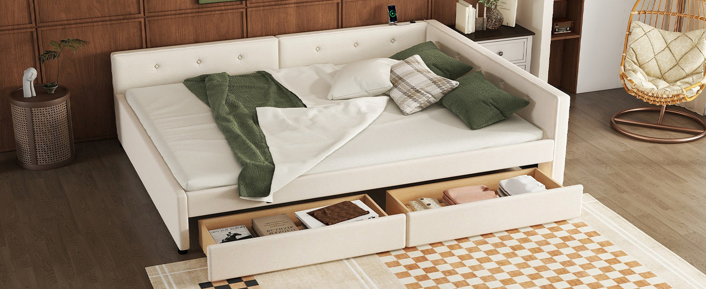 Queen Size Upholstered Platform Bed with USB and 2 Drawers, Beige image 7
