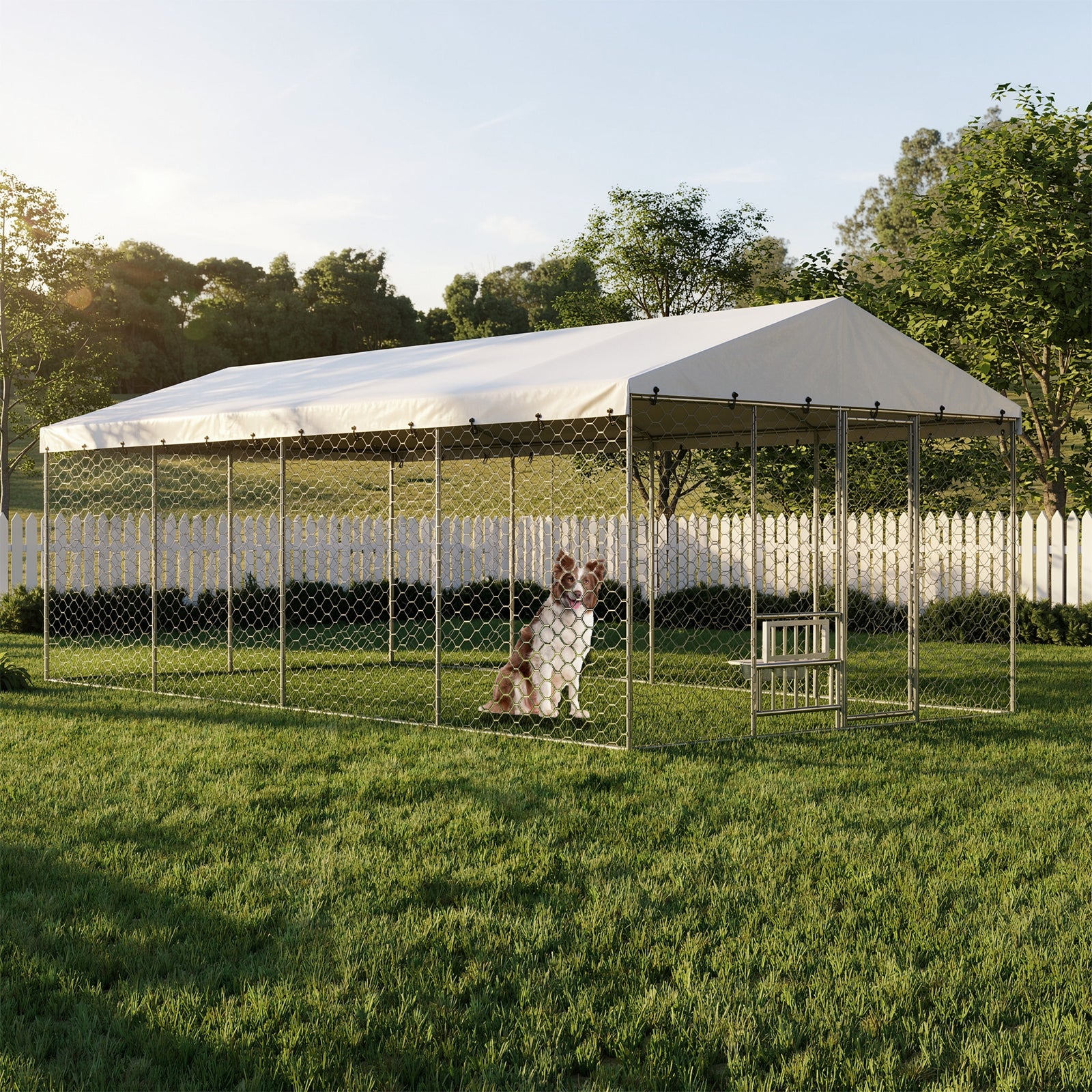 20x10 FT Large Outdoor Dog Kennel with Canopy, Heavy Duty Galvanized Steel Frame, Waterproof Cover, Built-in Elevated Feeding Bowls, Escape-Proof Lockable Pet Playpen for Large Dogs & Multiple Animal image 1