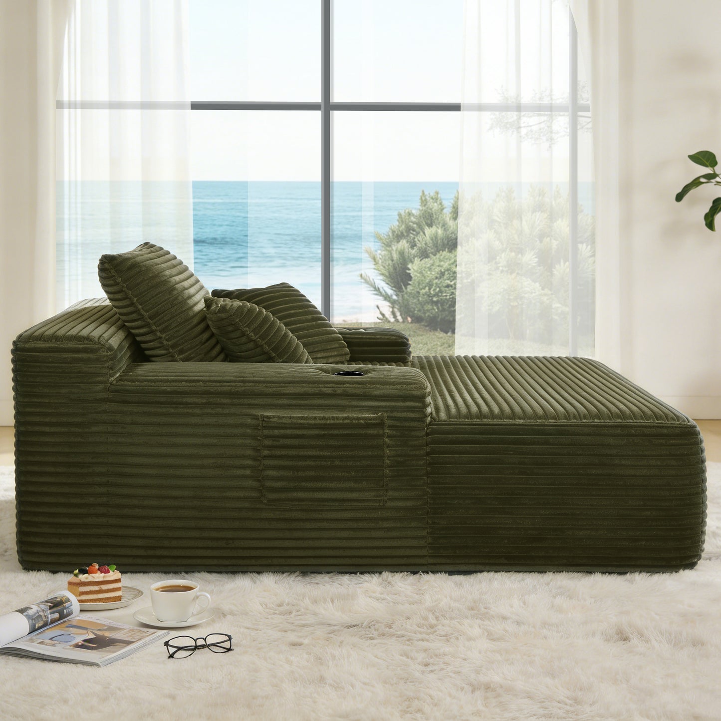 NEW Convertible Chaise Lounge Chair Plush with Wide Armrest & Throw Pillows, Cozy Boneless Sleeper Sofa Bed Armchair, with cup holder,for Living Room, Bedroom, No Assembly Required,Plush,Green image 3