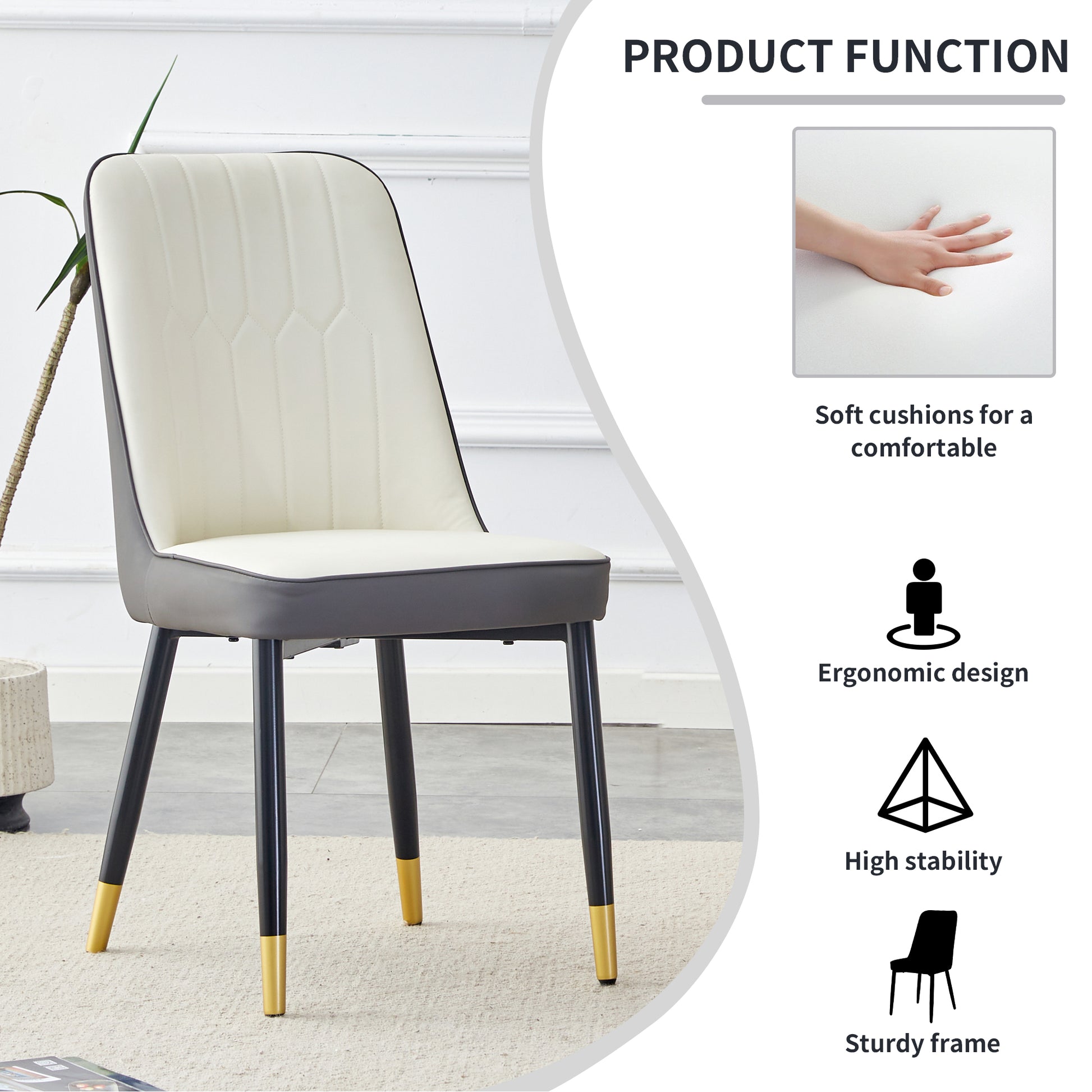 A modern dining chair with a white dark gray dual tone PU leather backrest and black metal legs, suitable for kitchens, bedrooms, and offices. A set of 4 pieces (white+dark gray+PU)C-007 image 5