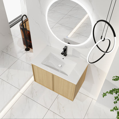 30" Floating Bathroom Vanity with Sink, Wall-Mounted Modern Light Oak Cabinet, Thin Edge Ceramic Basin, Soft-Close Doors, Spacious Storage, Easy Installation image 4