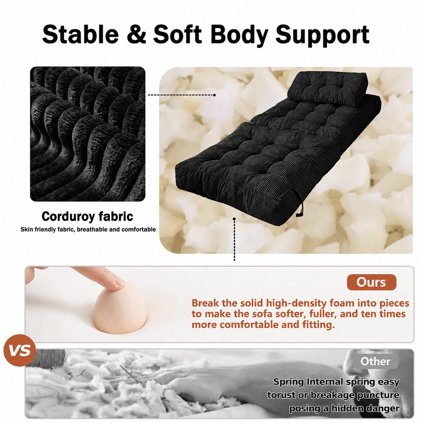 Folding single chair, adjustable and convertible sofa bed, comfortable fluffy lazy sofa in living room, bedroom, apartment, dormitory, black. image 9