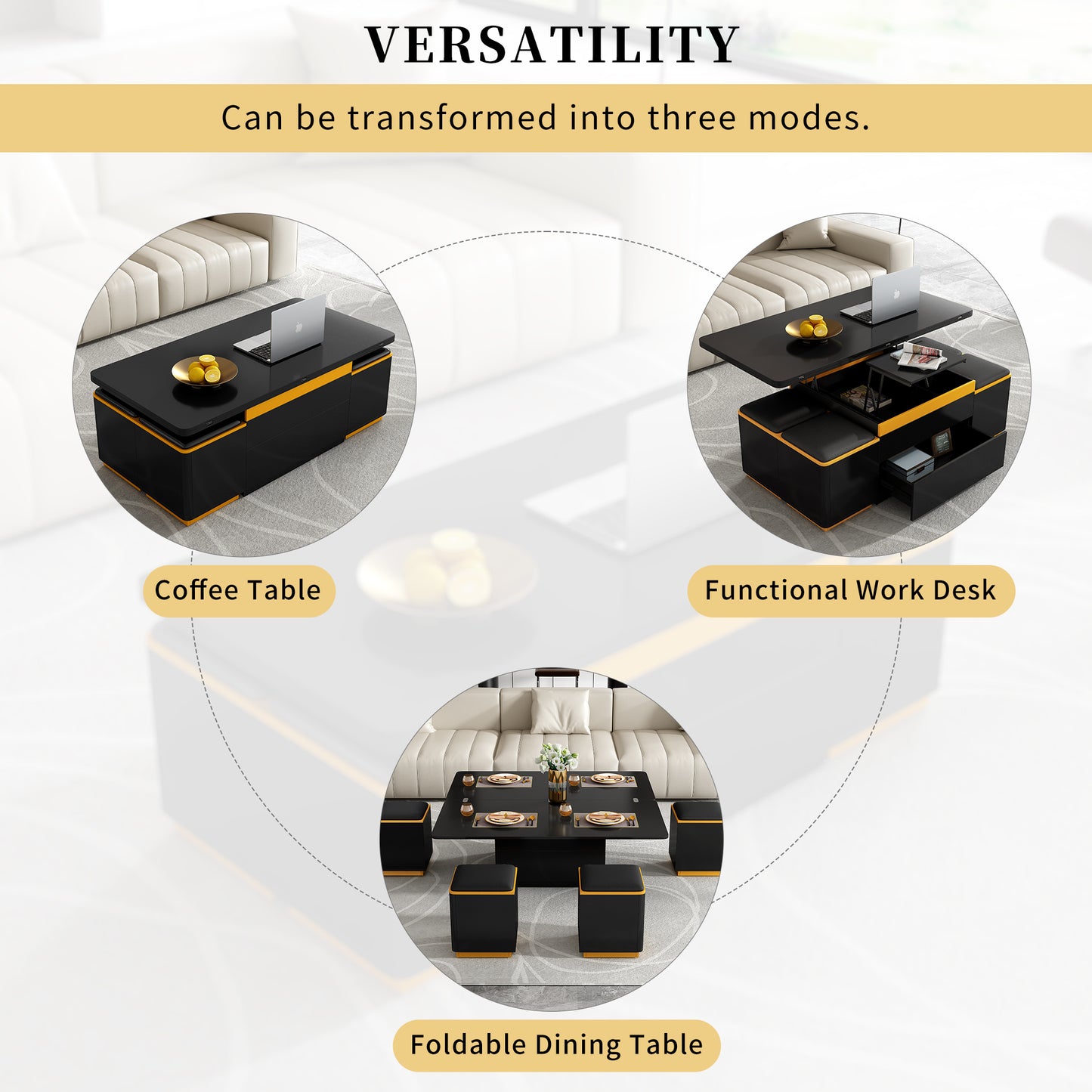[Video Provided]VIBE HAUS Lift-Top Coffee Table with Storage Stools, Modern Center Table with Foldable Top, Multi-Functional Adjustable Coffee Table for Living Room(OLD SKU:N724P292506B) image 8