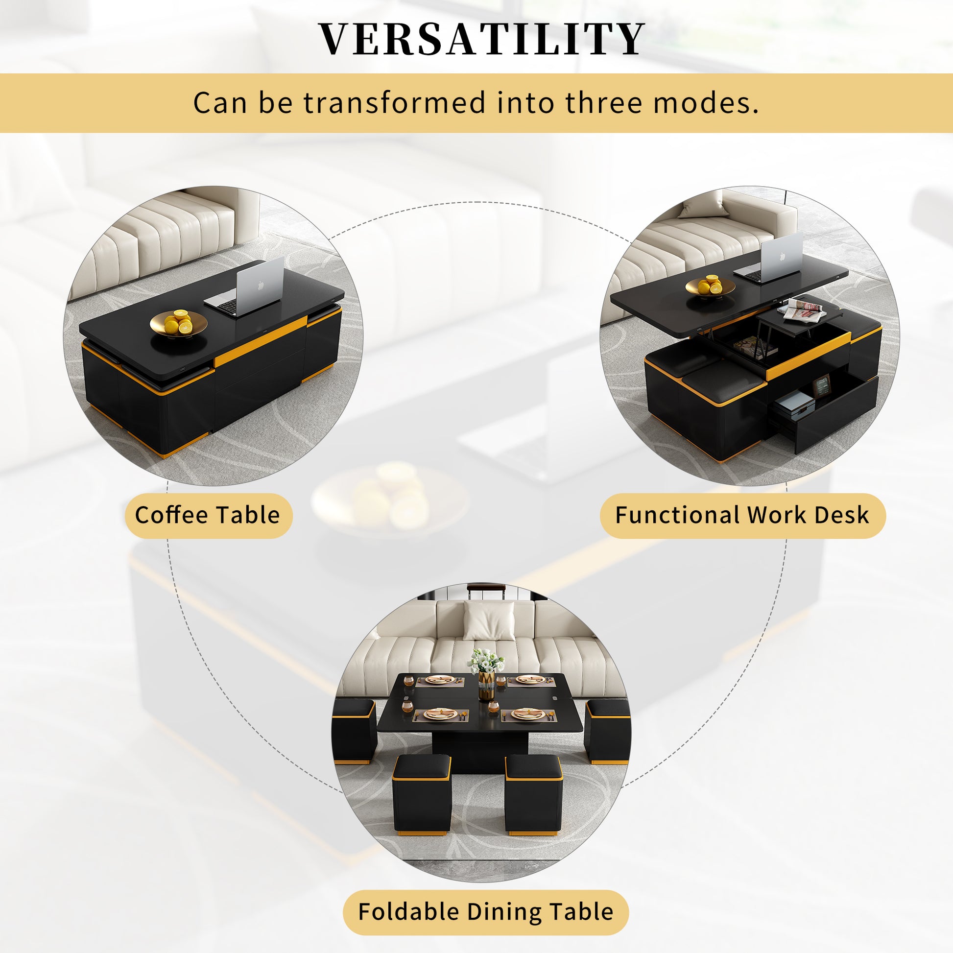 [Video Provided]VIBE HAUS Lift-Top Coffee Table with Storage Stools, Modern Center Table with Foldable Top, Multi-Functional Adjustable Coffee Table for Living Room(OLD SKU:N724P292506B) image 8