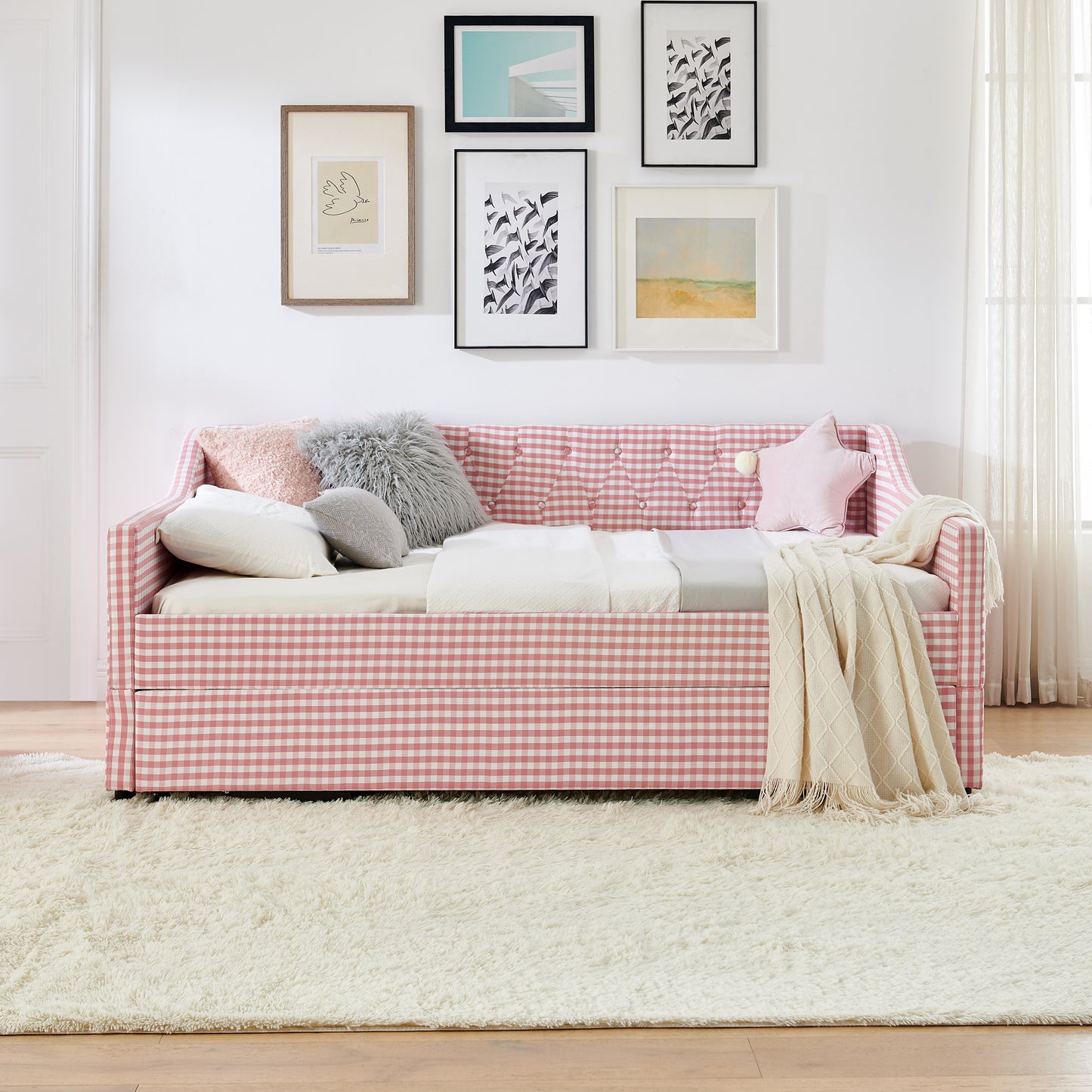 Full‑Size Daybed,Upholstered Convertible Daybed with Tufted Button Backrest, 3‑in‑1 Versatile Sofa Bed with Pull‑Out Trundle & Side Storage, Perfect for Compact Living-Pink image 5