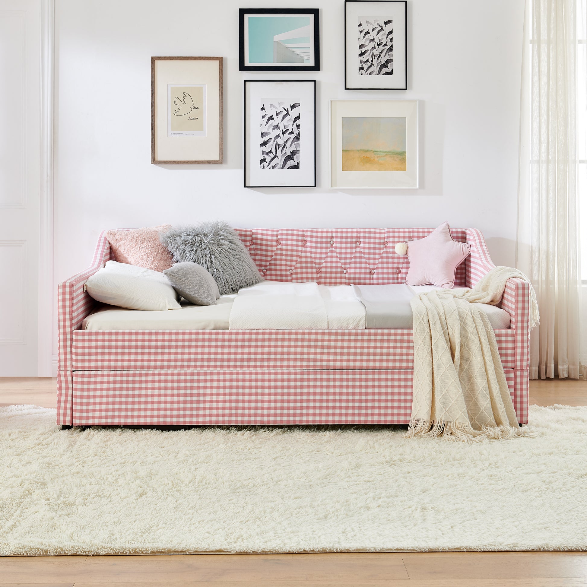 Full‑Size Daybed,Upholstered Convertible Daybed with Tufted Button Backrest, 3‑in‑1 Versatile Sofa Bed with Pull‑Out Trundle & Side Storage, Perfect for Compact Living-Pink image 5