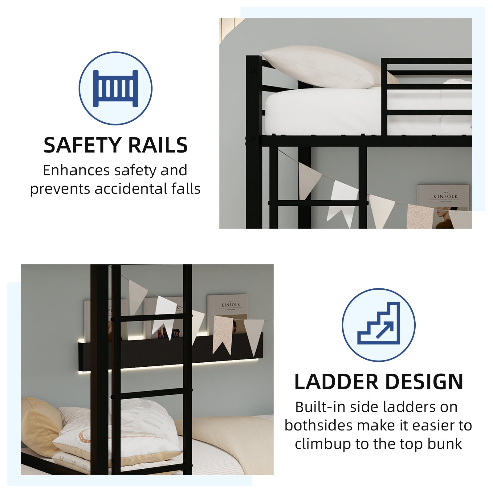 Metal Twin over Twin Bunk Bed/ Heavy-duty Sturdy Metal/ Noise Reduced/ Safety Guardrail,Black image 10