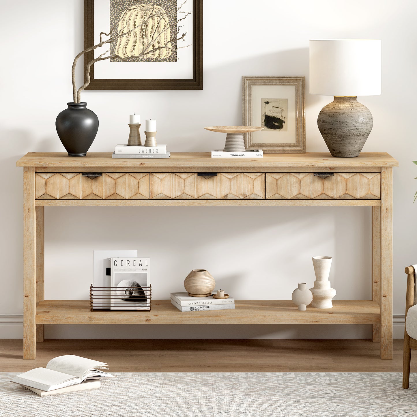 U_Style 58.3'' Fir Veneer Entryway Table with Honeycomb-patterned Fronts,Modern Stylish Console Table with 3 Drawers and Solid Fir legs,Suitable for Living Room,Entryway, Hallway, Study, Foyer image 2