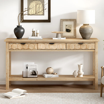 U_Style 58.3'' Fir Veneer Entryway Table with Honeycomb-patterned Fronts,Modern Stylish Console Table with 3 Drawers and Solid Fir legs,Suitable for Living Room,Entryway, Hallway, Study, Foyer image 2