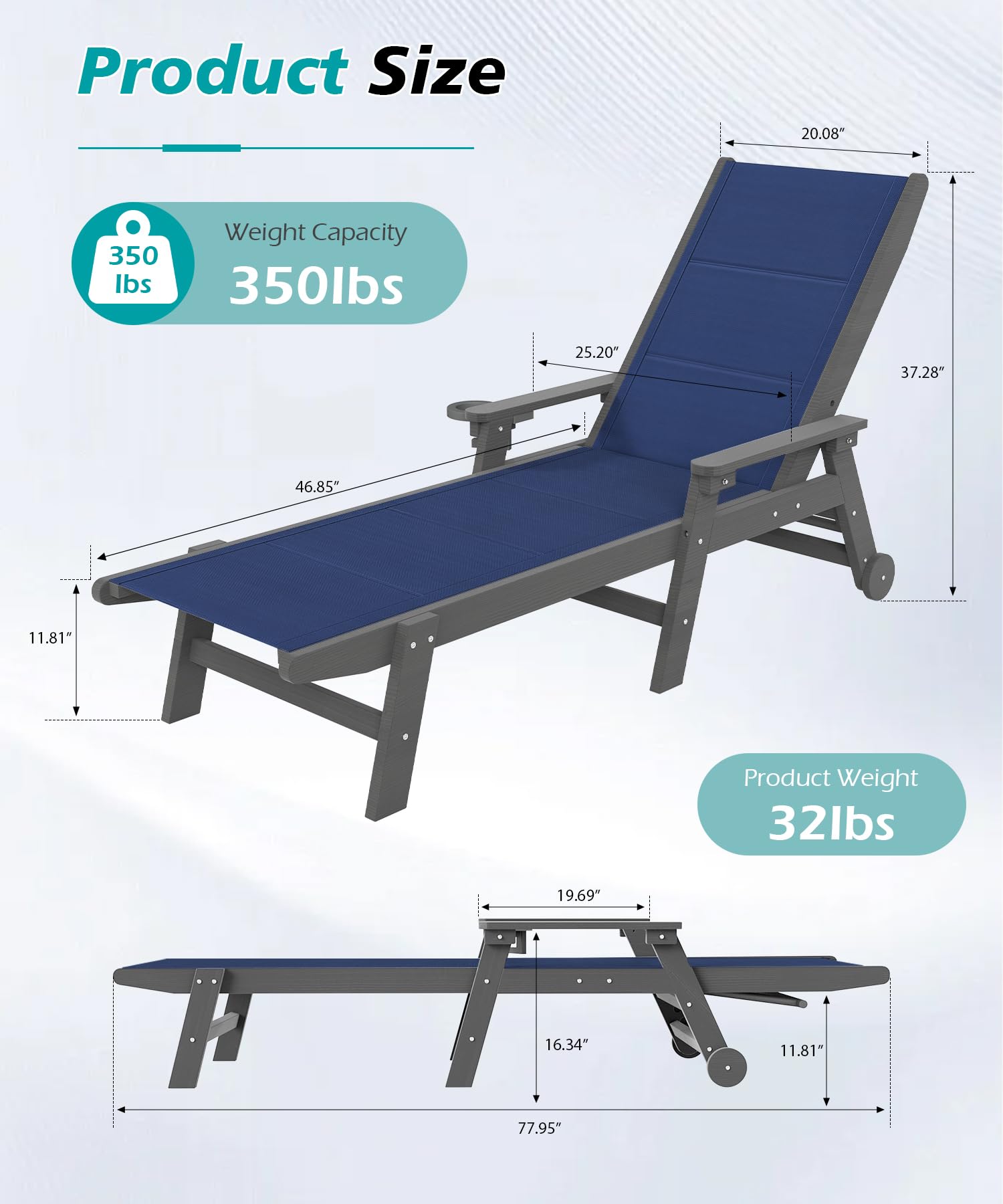 Outdoor Pool Lounge Chairs Set of 2, HDPE Patio Lounge Chair with Wheels, Double-Layer Fabric Chaise Lounge Chair for Pool, Sunbathing Tanning, Lawn, Navy Blue image 2