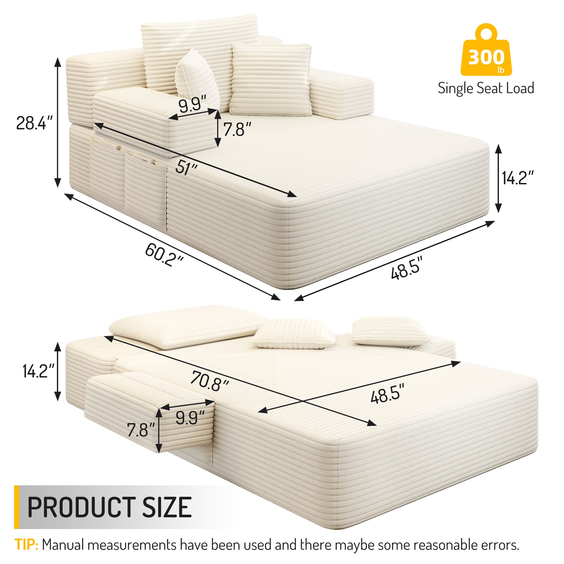 Luxurious Plush Corduroy Chaise Lounge with 3 Pillows, Convertible Sofa Bed with Storage Pocket, Frameless Design & Compression Foam for Small Spaces, Living Room, Apartment,Beige&White image 2
