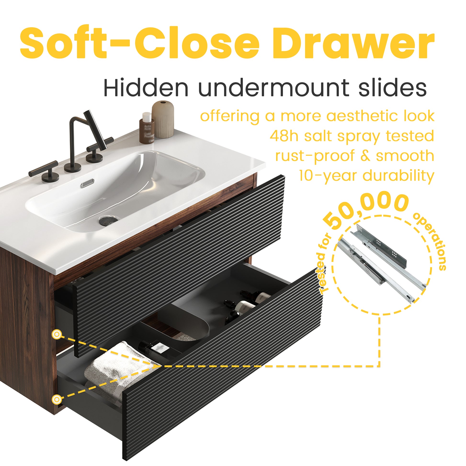 Gloria 36" Wall Mounted Soft Black & Walnut Bathroom Vanity with Integrated Ceramic Sink with 3 holes, with Overflow, Large Storage Floating Bathroom Vanity for Modern Bathroom, KD image 6