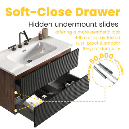 Gloria 36" Wall Mounted Soft Black & Walnut Bathroom Vanity with Integrated Ceramic Sink with 3 holes, with Overflow, Large Storage Floating Bathroom Vanity for Modern Bathroom, KD image 6