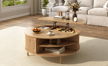 U-Can Minimalist Round Lift-Top Coffee Table with Hidden Storage, Sliding Door, Pine Legs, and Wood Wave Finish image 4